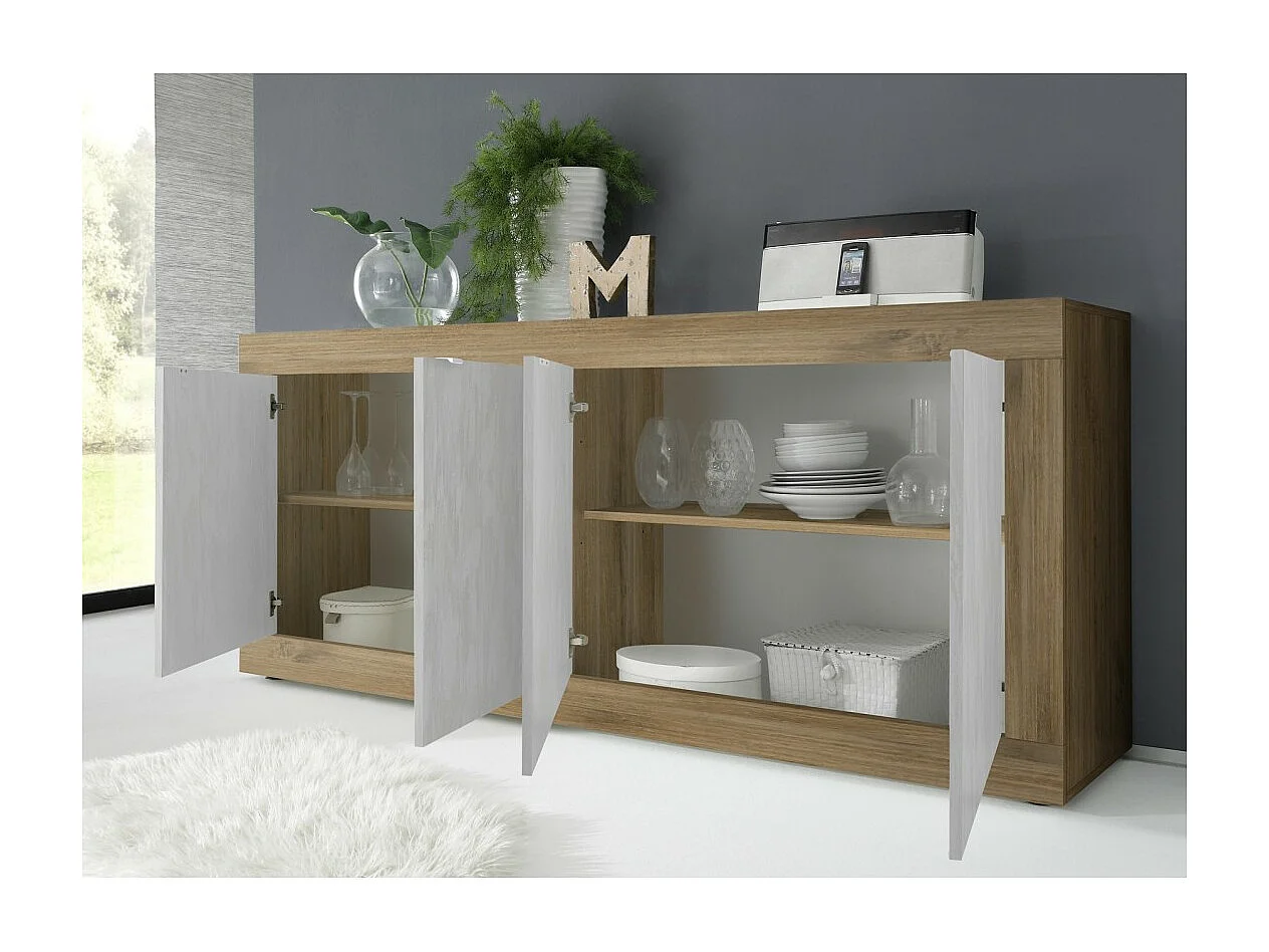 Buffet 4 portes collection ACCESS. Coloris blanc et chêne foncé