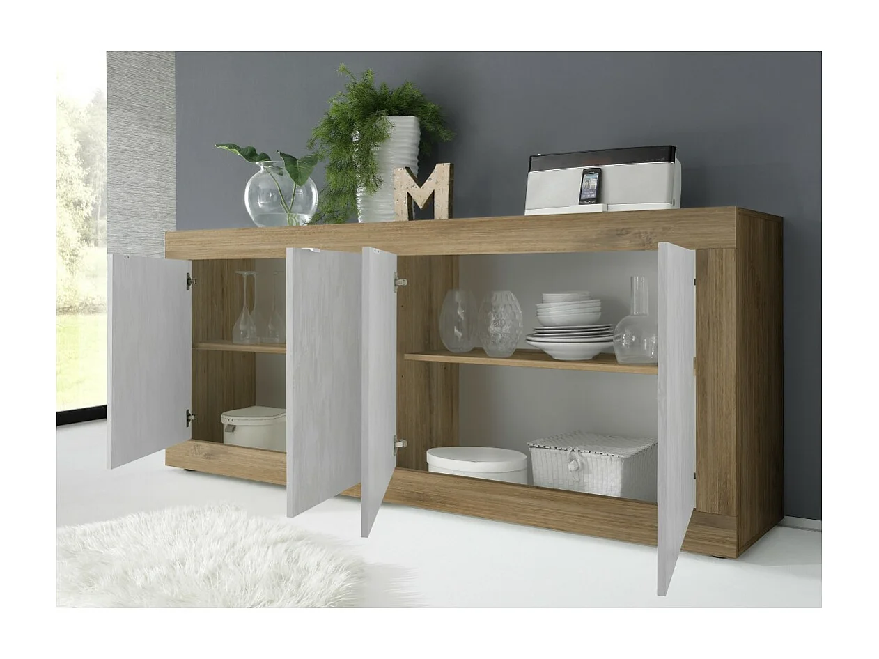 Buffet 4 portes collection ACCESS. Coloris blanc et chêne foncé