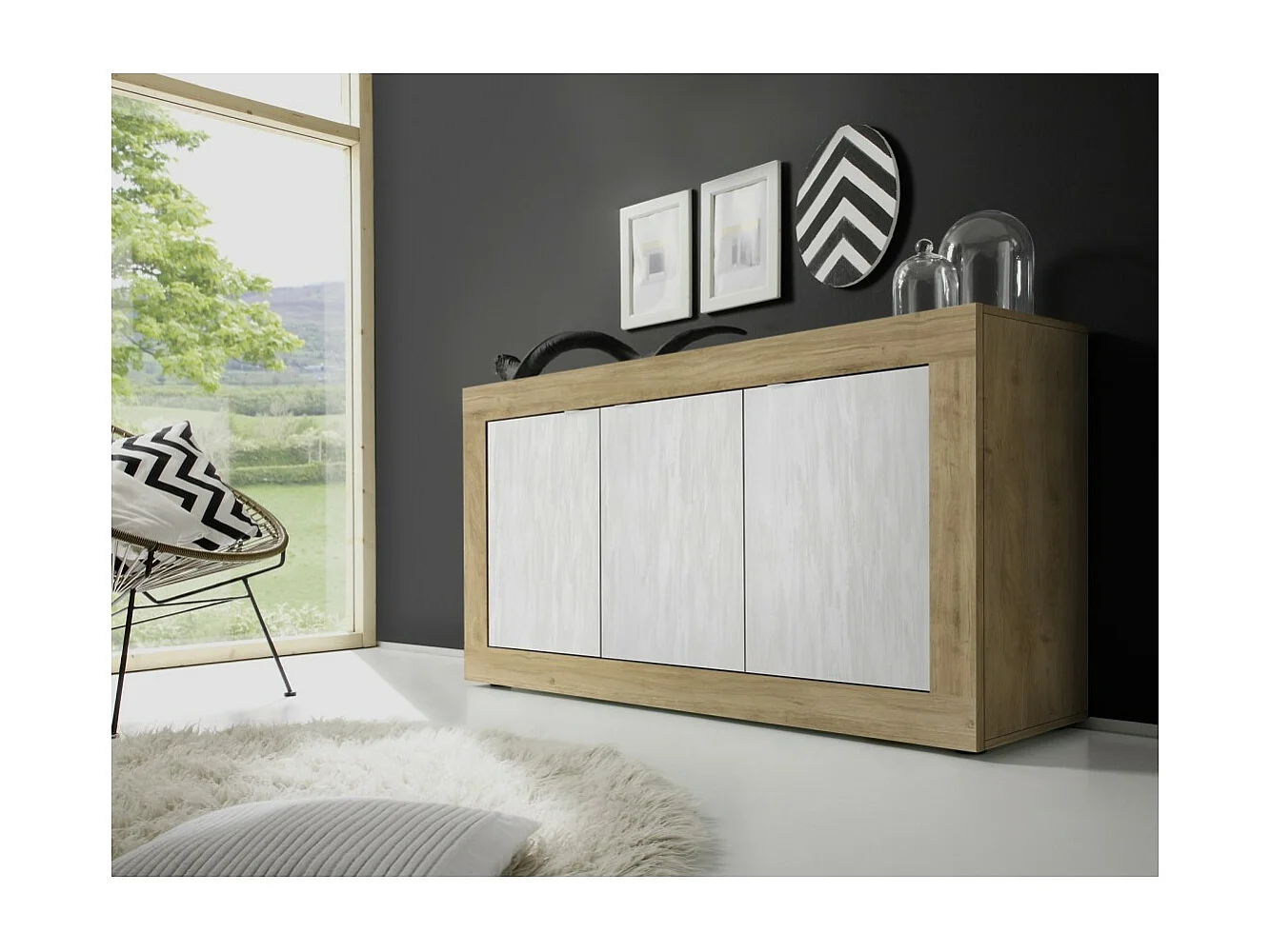 Buffet 3 deuren collectie ACCESS. Kleur wit en licht eiken.