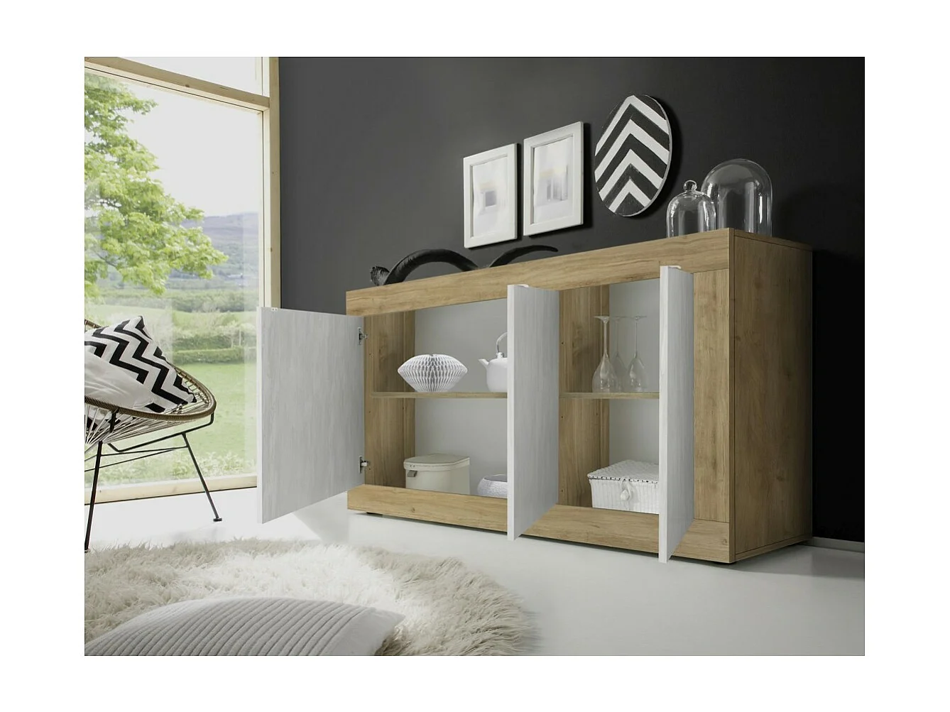 Buffet 3 deuren collectie ACCESS. Kleur wit en licht eiken.