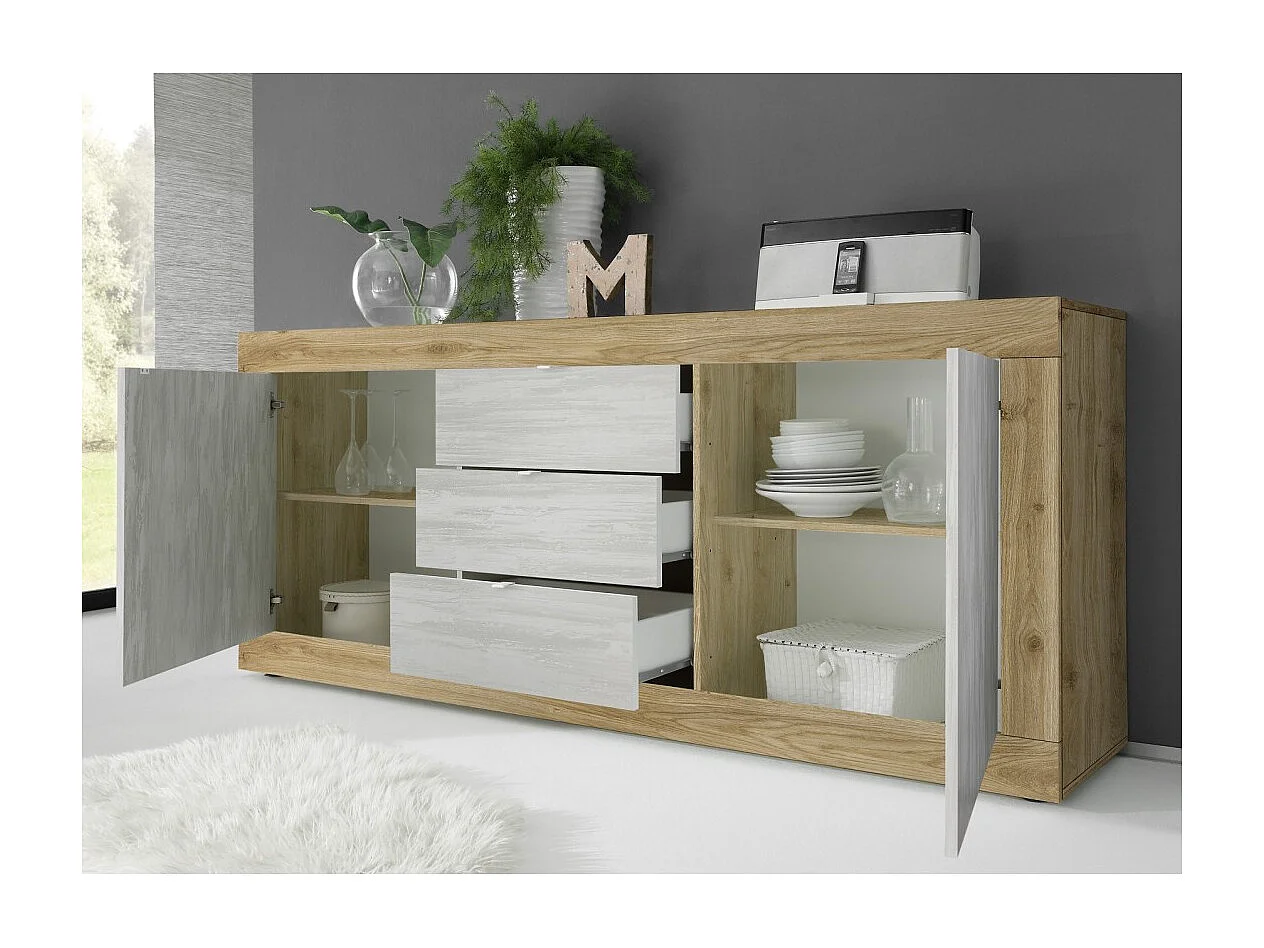 Sideboard mit 2 Türen und 3 Schubladen, Kollektion ACCESS. Farbe Weiß und helles Eichenholz.