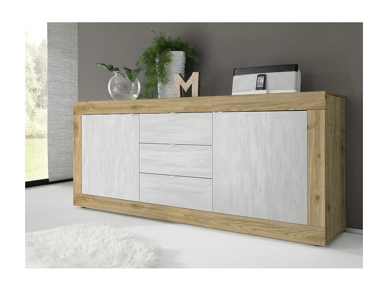 Sideboard mit 2 Türen und 3 Schubladen, Kollektion ACCESS. Farbe Weiß und helles Eichenholz.