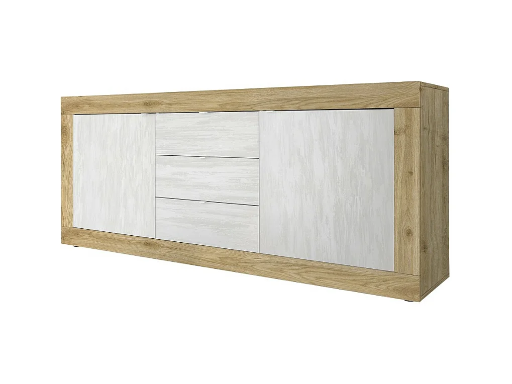 Buffet 2 portes 3 tiroirs collection ACCESS. Coloris blanc et chêne clair