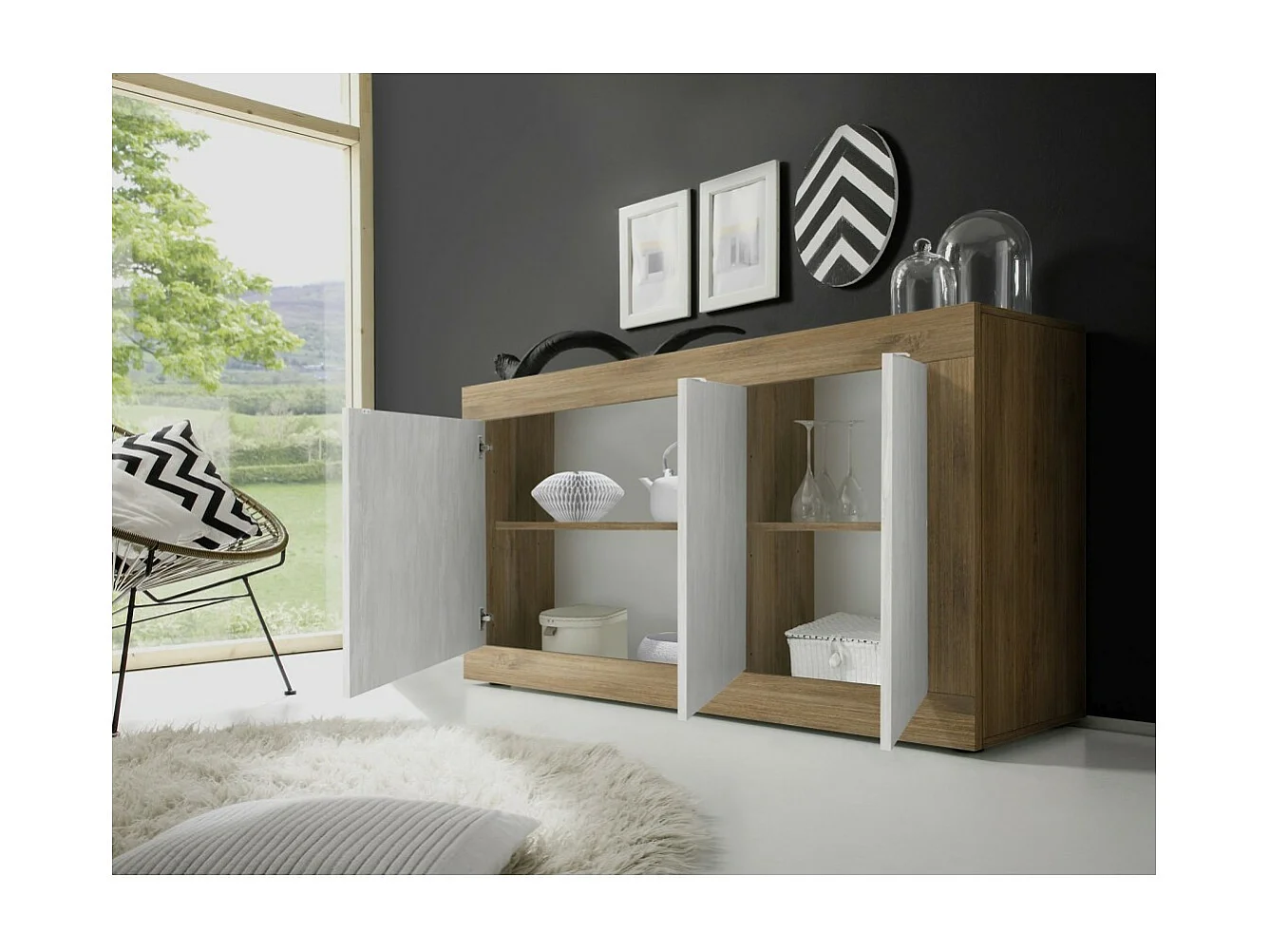 Buffet 3 portes collection ACCESS. Coloris blanc et chêne foncé