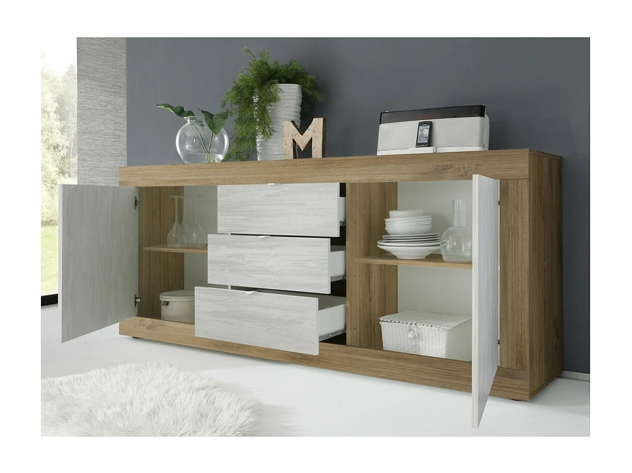 Buffet met 2 deuren en 3 laden, collectie ACCESS. Kleur wit en donker eiken.