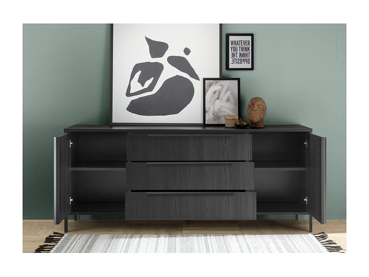 Buffet de 2 puertas y 3 cajones colección IRON. Color roble negro.