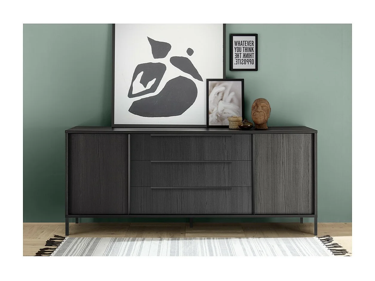 Buffet de 2 puertas y 3 cajones colección IRON. Color roble negro.