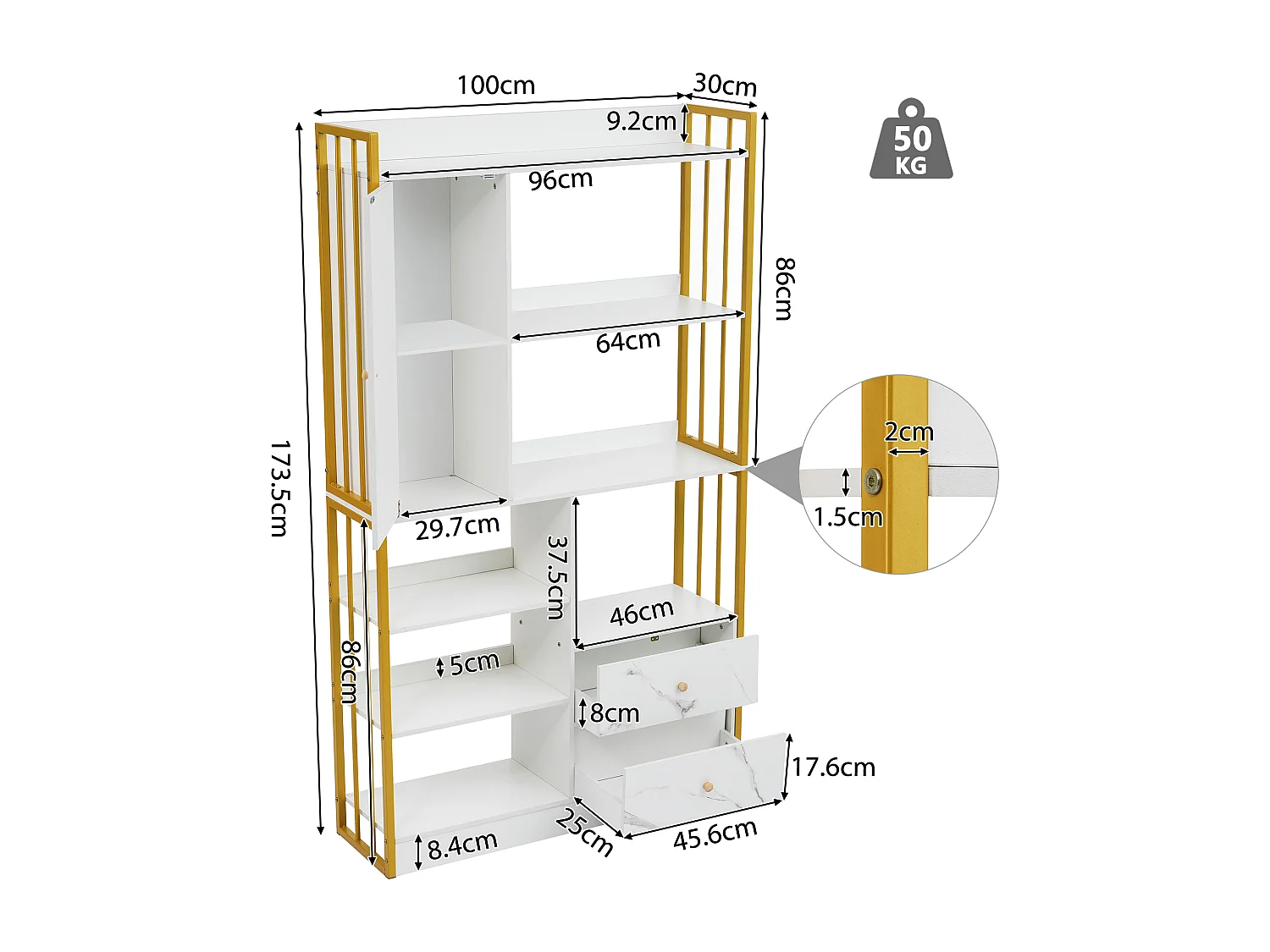 Boekenkast met 5 planken, 1 deur en 2 lades - industriële stijl - Wit & Goud