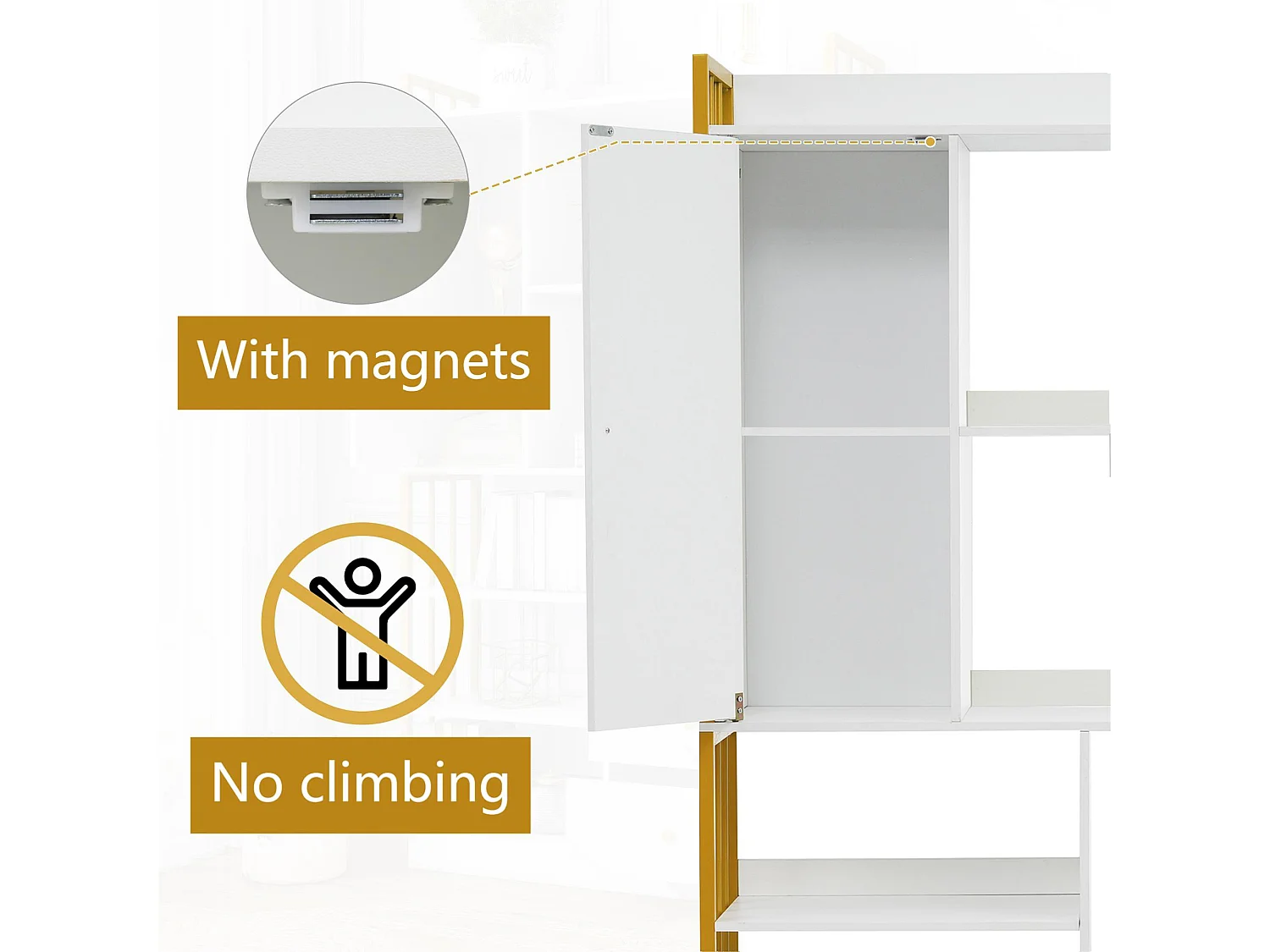 Boekenkast met 5 planken, 1 deur en 2 lades - industriële stijl - Wit & Goud