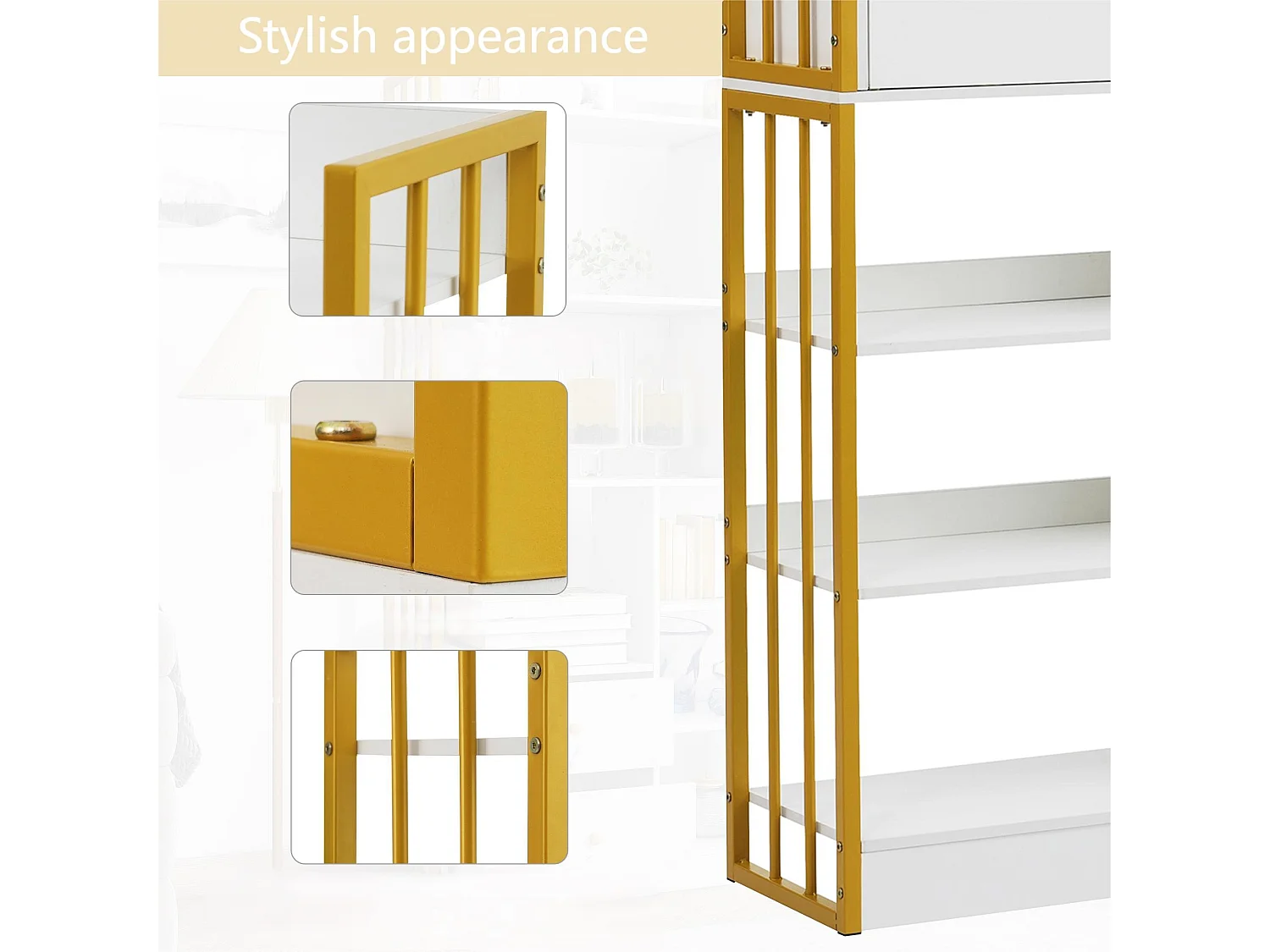 Boekenkast met 5 planken, 1 deur en 2 lades - industriële stijl - Wit & Goud