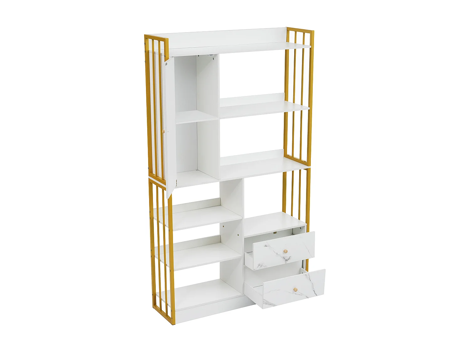 Boekenkast met 5 planken, 1 deur en 2 lades - industriële stijl - Wit & Goud