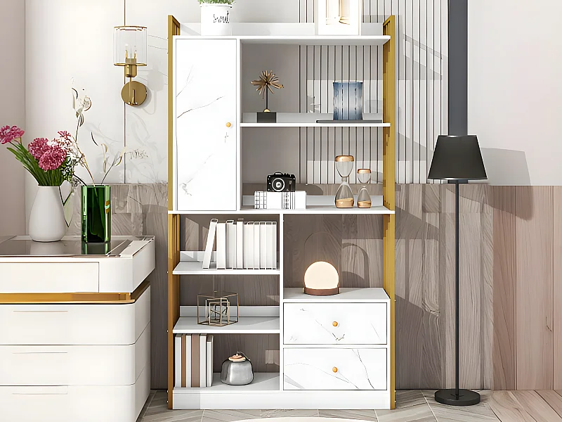 Bibliothèque avec 5 étagères 1 porte et 2 tiroirs - style industriel - Blanc & Doré