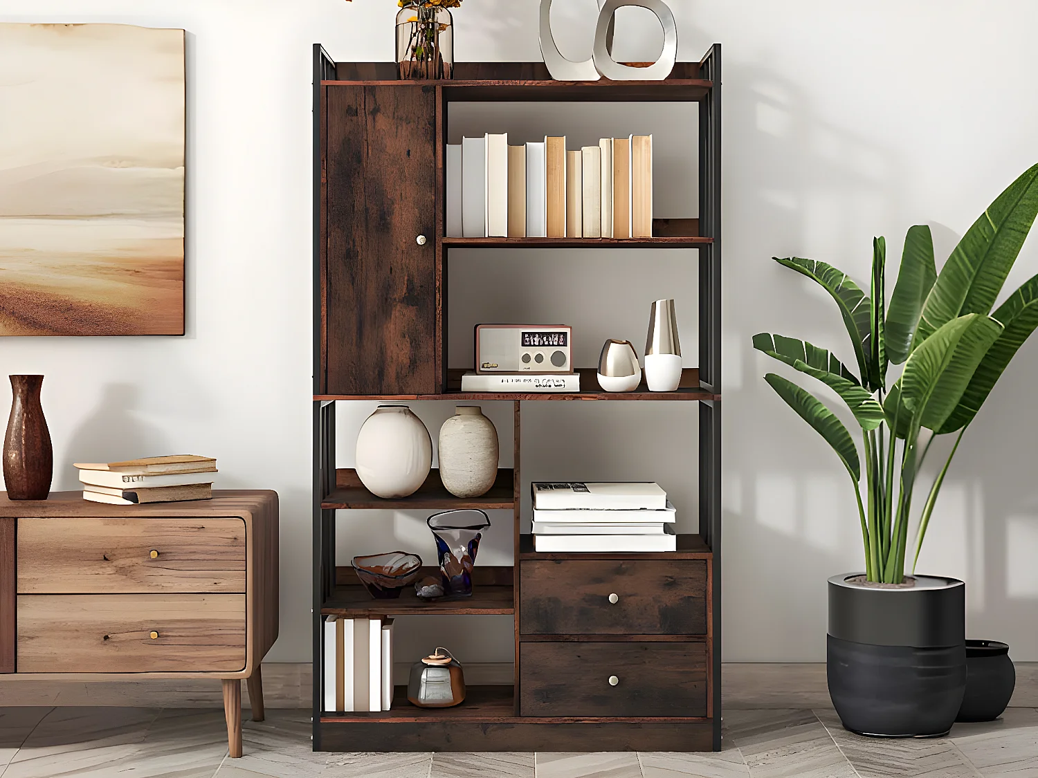 Biblioteka z 5 półkami, 1 drzwiami i 2 szufladami - styl industrialny - Brązowa i Czarna