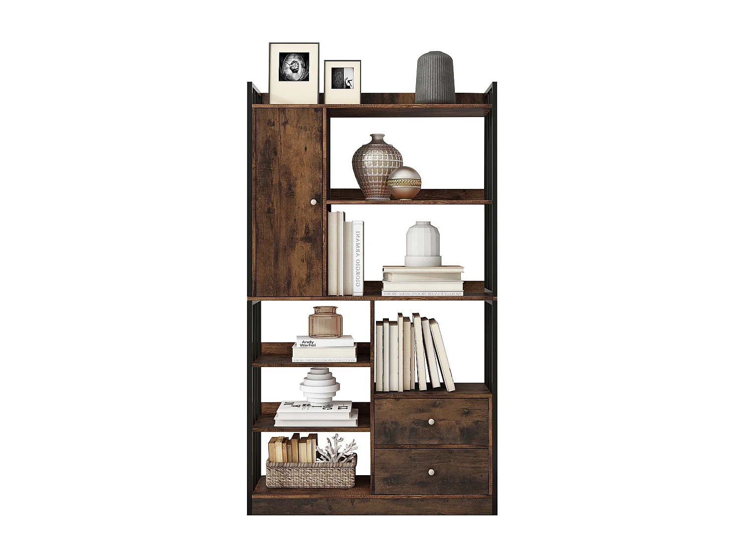 Biblioteka z 5 półkami, 1 drzwiami i 2 szufladami - styl industrialny - Brązowa i Czarna