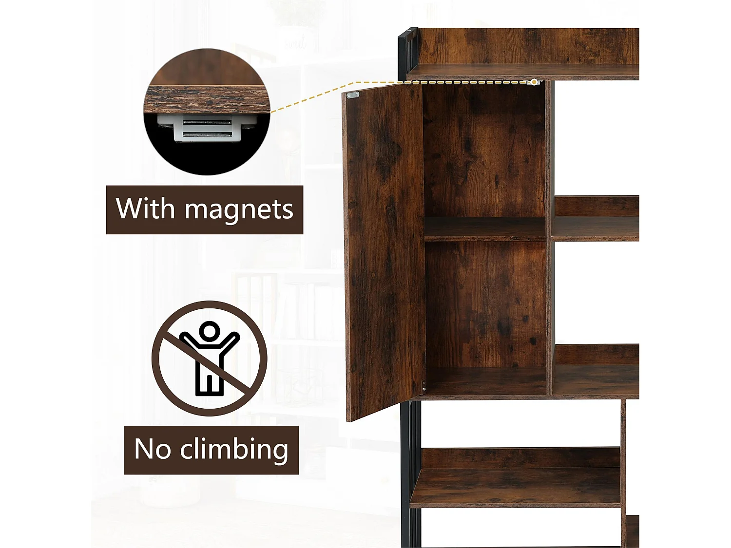 Biblioteka z 5 półkami, 1 drzwiami i 2 szufladami - styl industrialny - Brązowa i Czarna