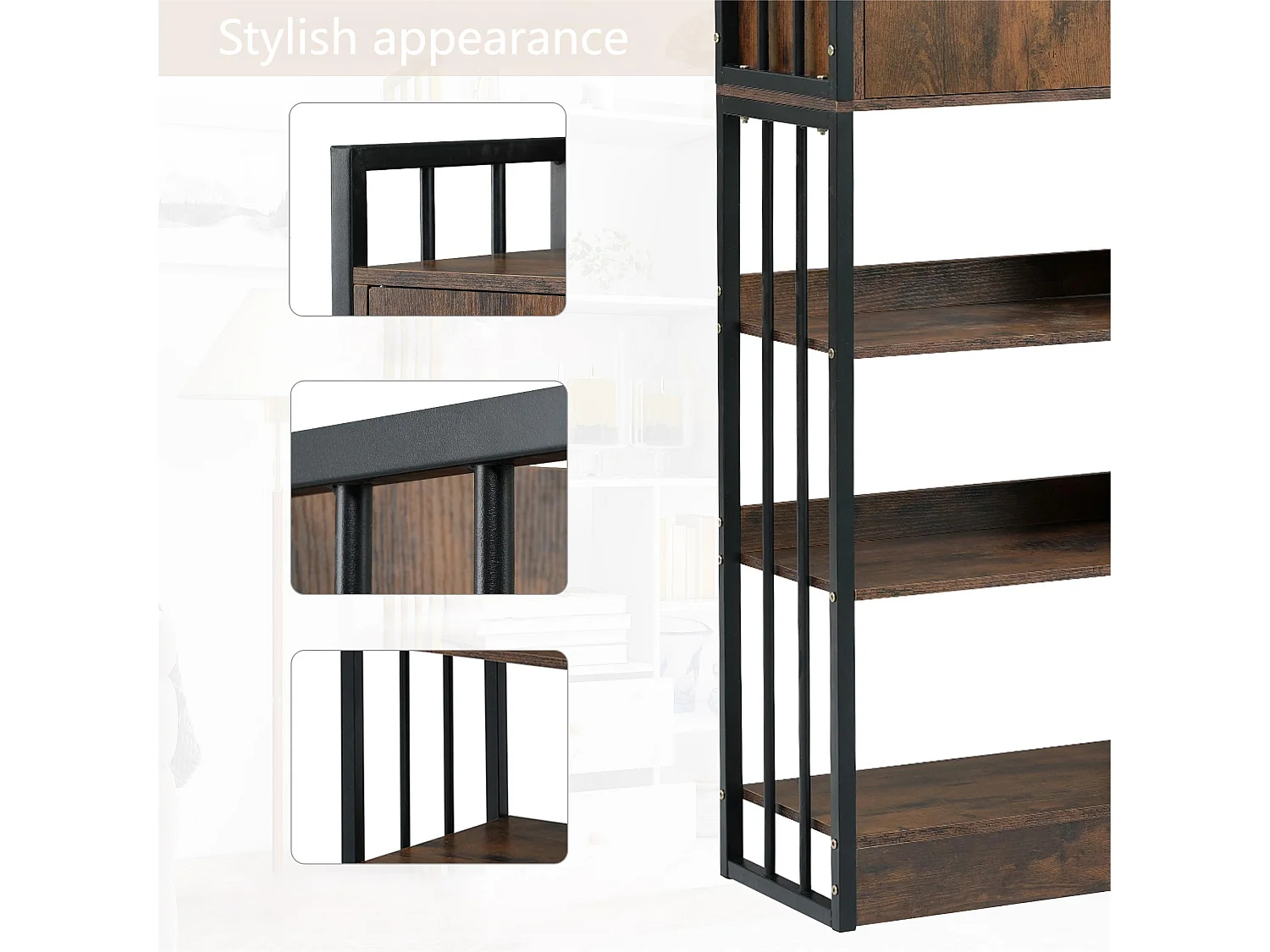 Biblioteka z 5 półkami, 1 drzwiami i 2 szufladami - styl industrialny - Brązowa i Czarna