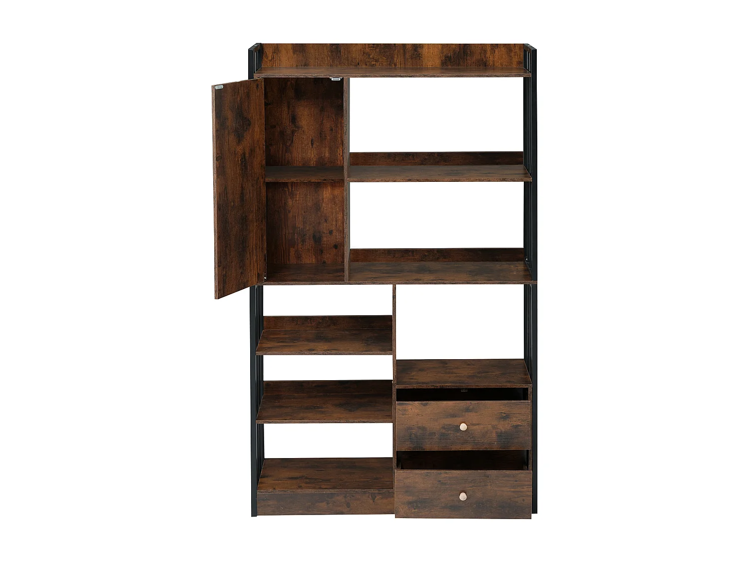 Biblioteka z 5 półkami, 1 drzwiami i 2 szufladami - styl industrialny - Brązowa i Czarna