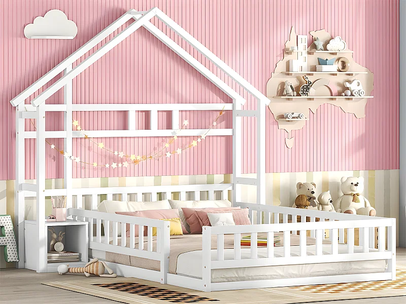 Cama infantil cabina 140x200 cm con mesita de noche y barandillas de seguridad - somier - Blanco