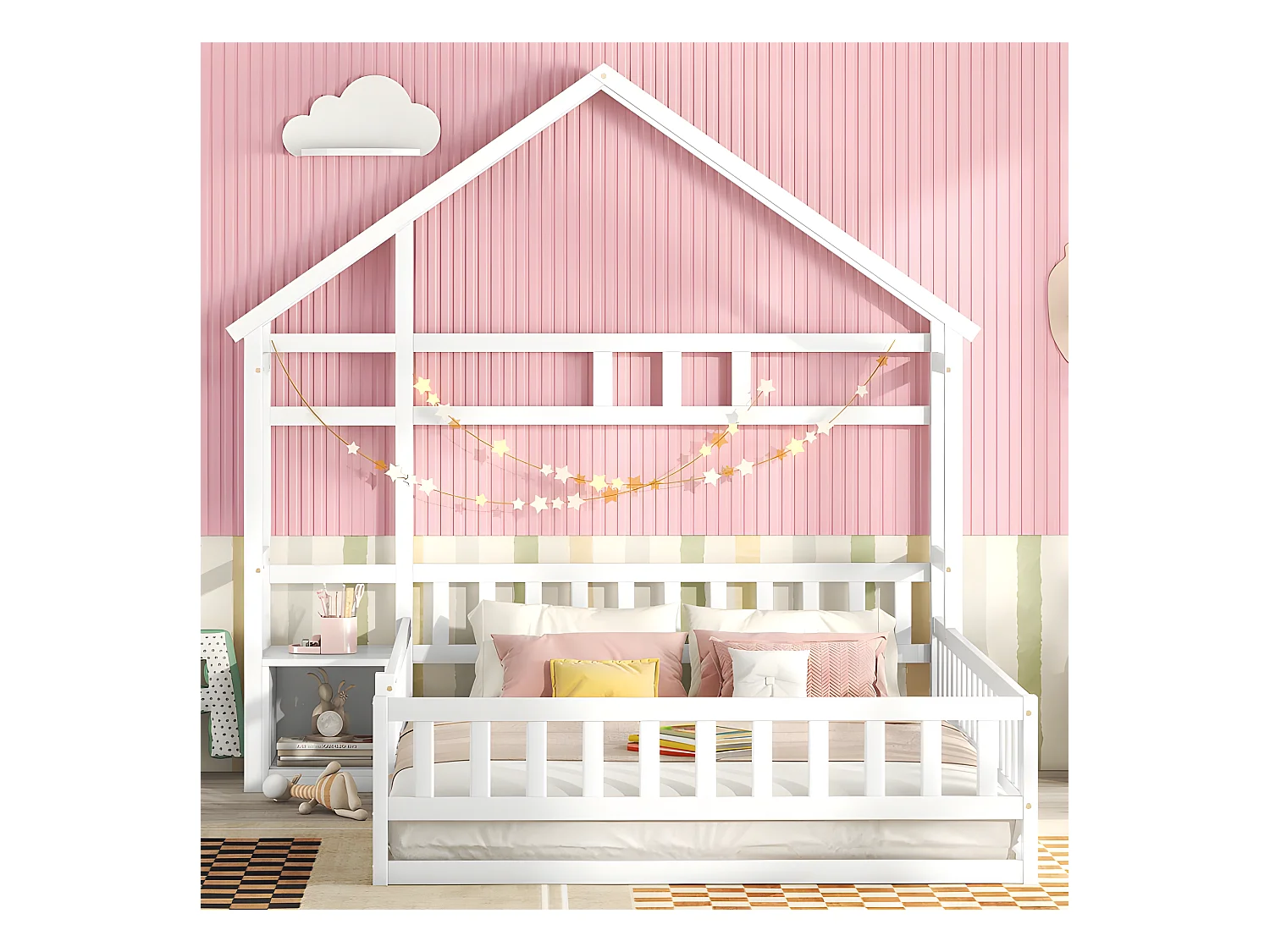 Kabinen-Kinderbett 140x200cm mit Nachttisch und Sicherheitsgeländer - Lattenrost - Weiß