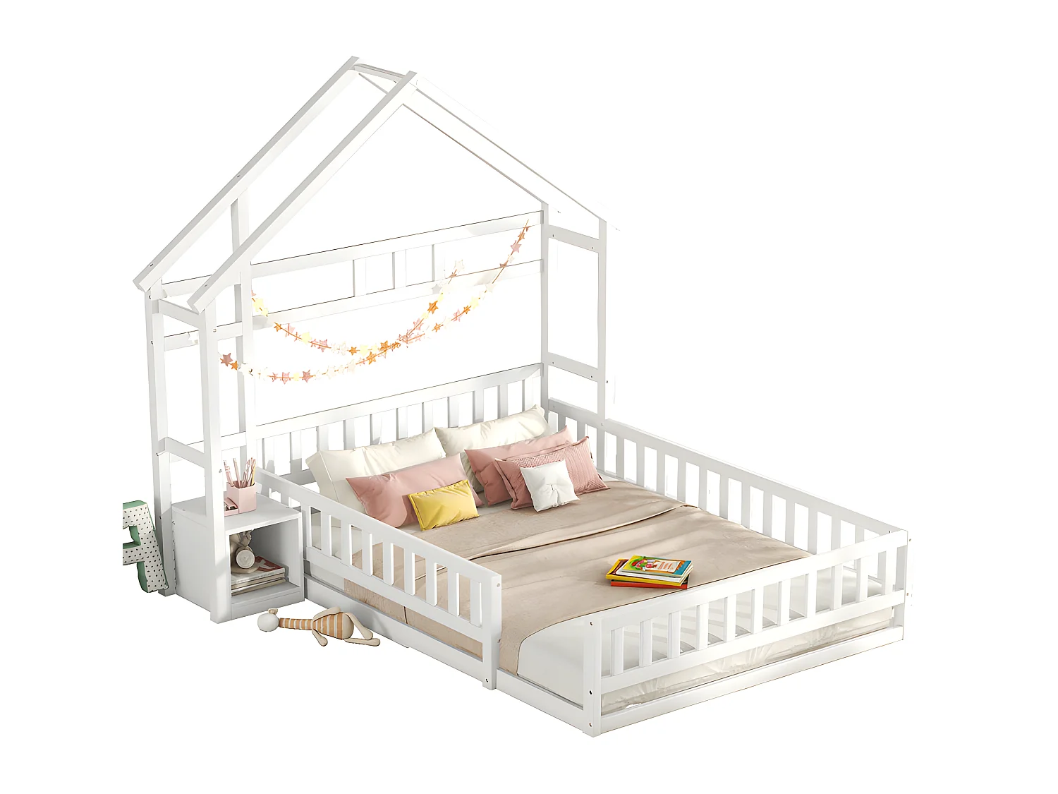 Kabinen-Kinderbett 140x200cm mit Nachttisch und Sicherheitsgeländer - Lattenrost - Weiß