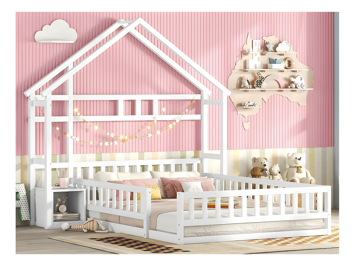 Lit enfant cabane 140x200cm avec une table de chevet et barrières de sécurité - sommier à lattes - Blanc