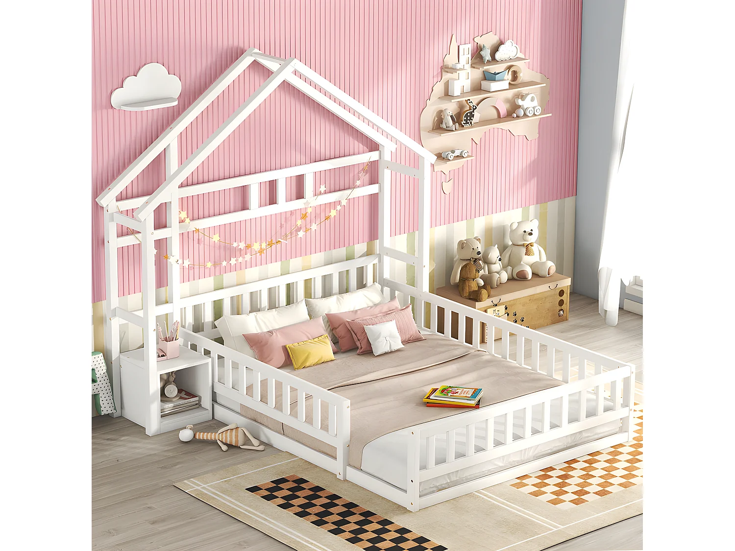 Letto per bambini cabina 140x200 cm con comodino e sponde di sicurezza - rete a doghe - Bianco