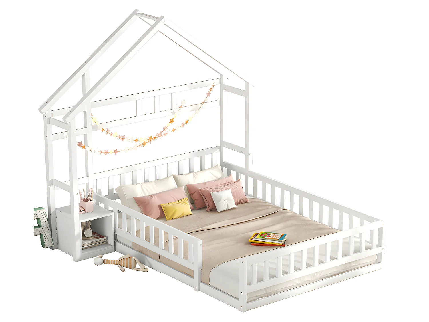 Letto per bambini cabina 140x200 cm con comodino e sponde di sicurezza - rete a doghe - Bianco