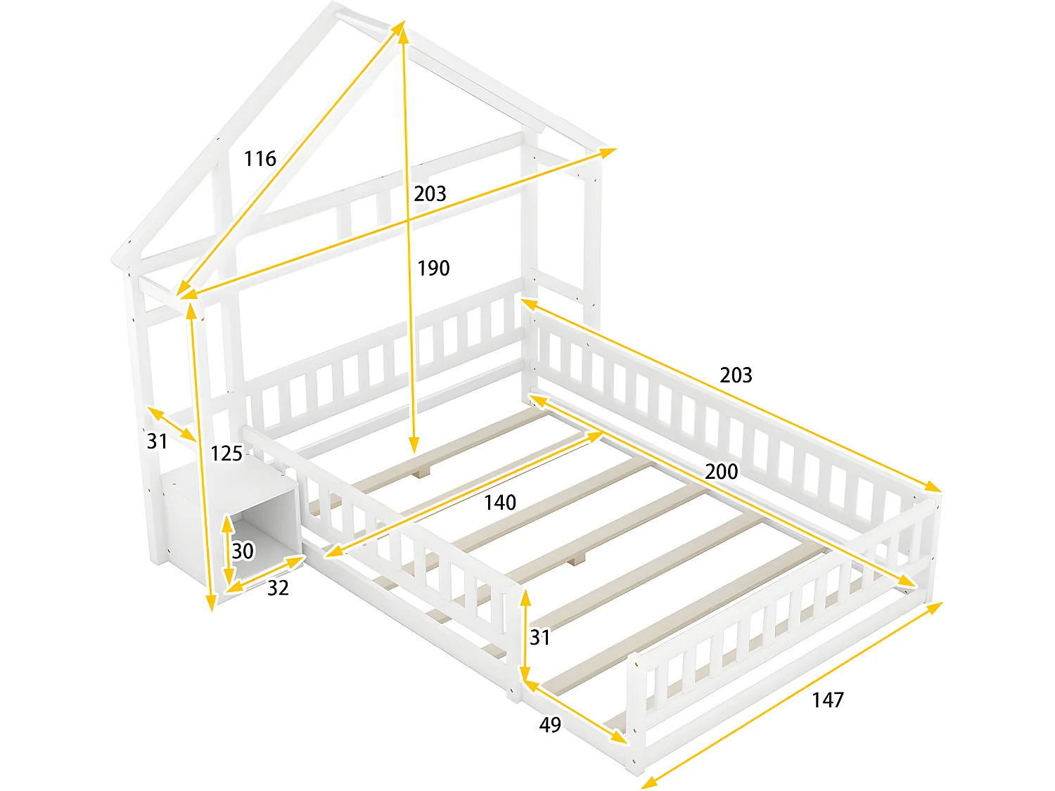 Letto per bambini cabina 140x200 cm con comodino e sponde di sicurezza - rete a doghe - Bianco