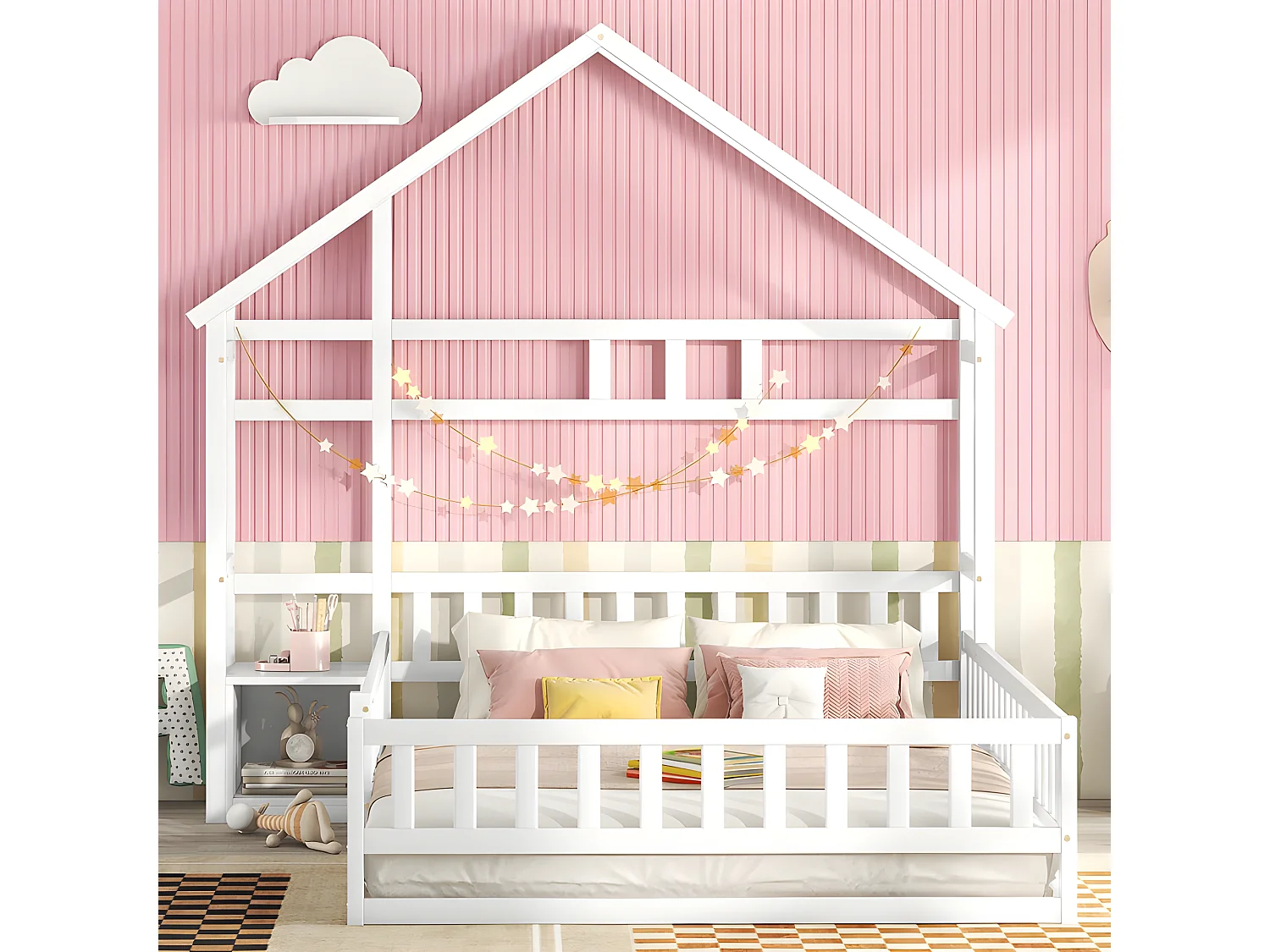 Lit enfant cabane 140x200cm avec une table de chevet et barrières de sécurité - sommier à lattes - Blanc