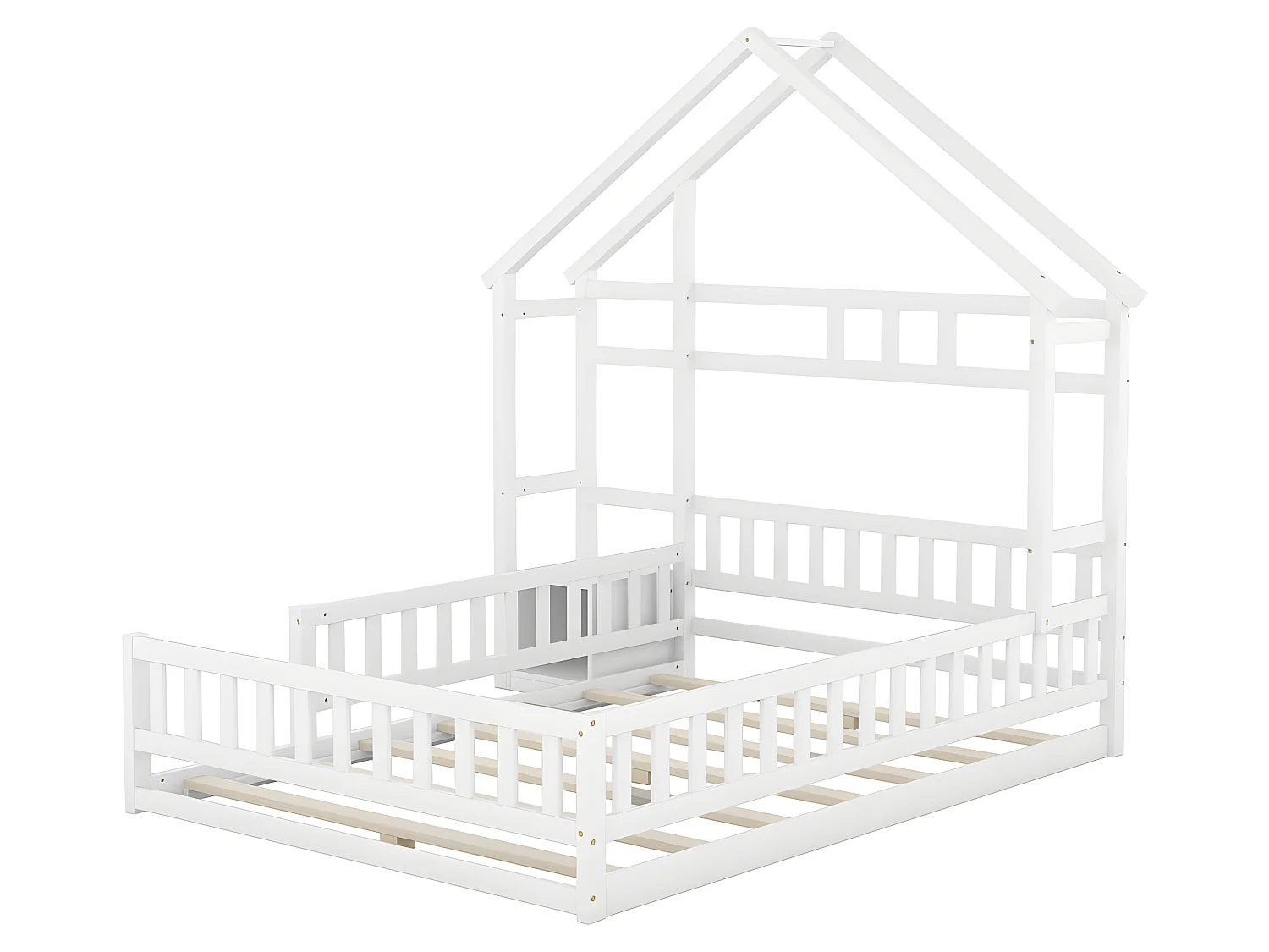 Lit enfant cabane 140x200cm avec une table de chevet et barrières de sécurité - sommier à lattes - Blanc