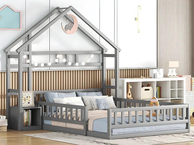 Hochbett für Kinder 140 x 200 cm mit Nachttisch und Sicherheitsgeländer – Lattenrost – Grau