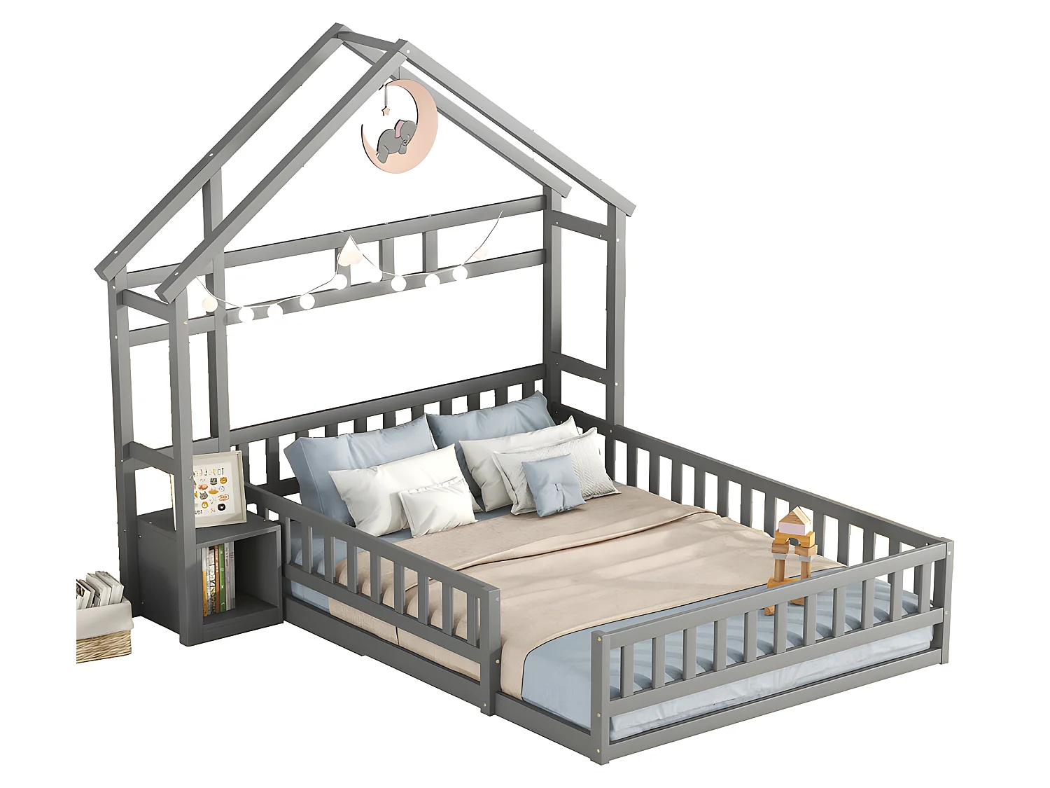 Letto a cabina per bambini 140x200 cm con comodino e sponde di sicurezza - rete a doghe - Grigio