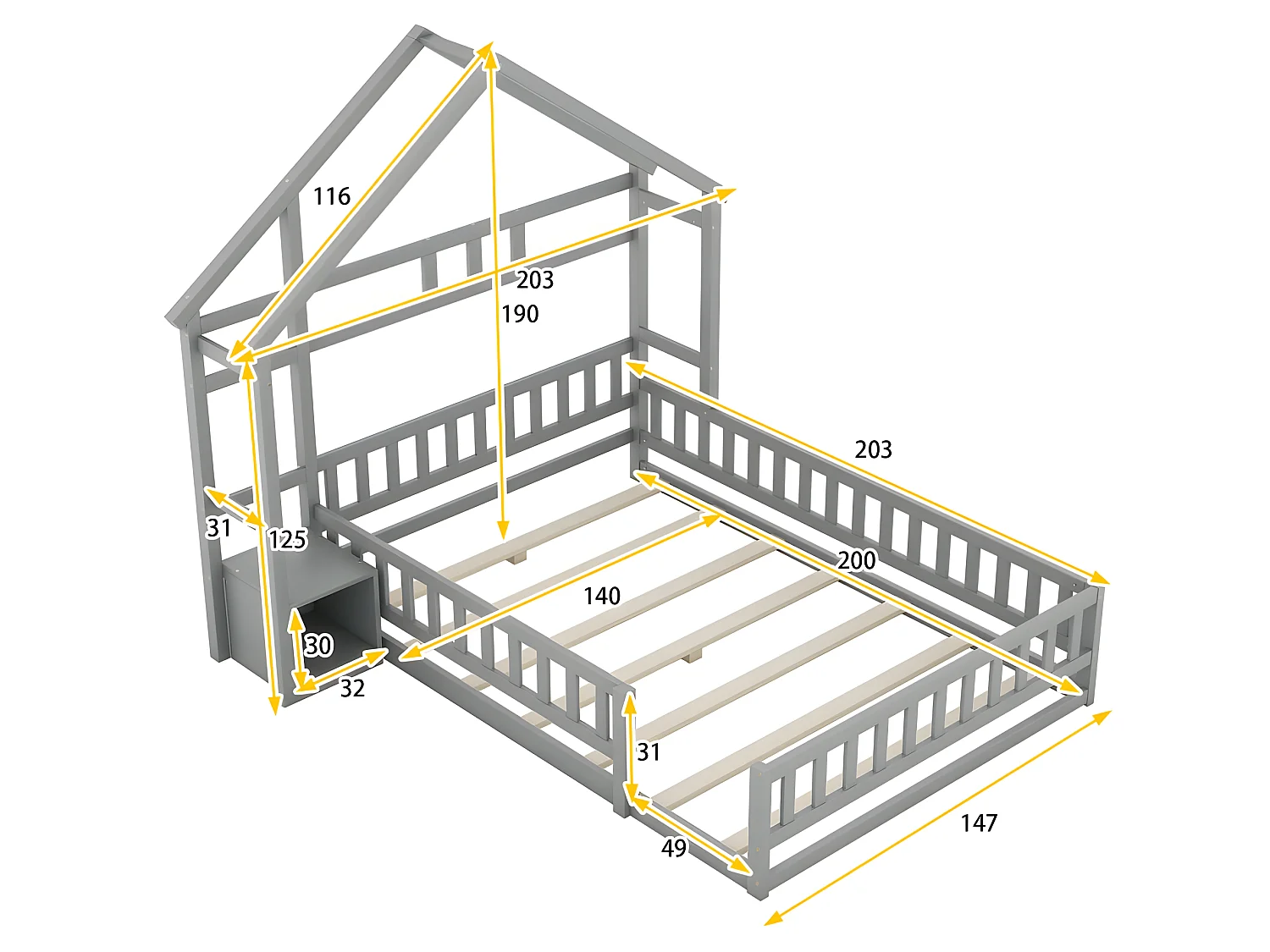 Letto a cabina per bambini 140x200 cm con comodino e sponde di sicurezza - rete a doghe - Grigio