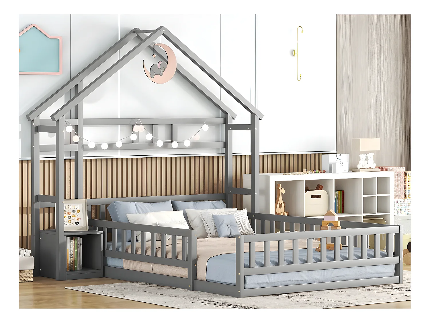 Lit enfant cabane 140x200cm avec une table de chevet et barrières de sécurité - sommier à lattes - Gris