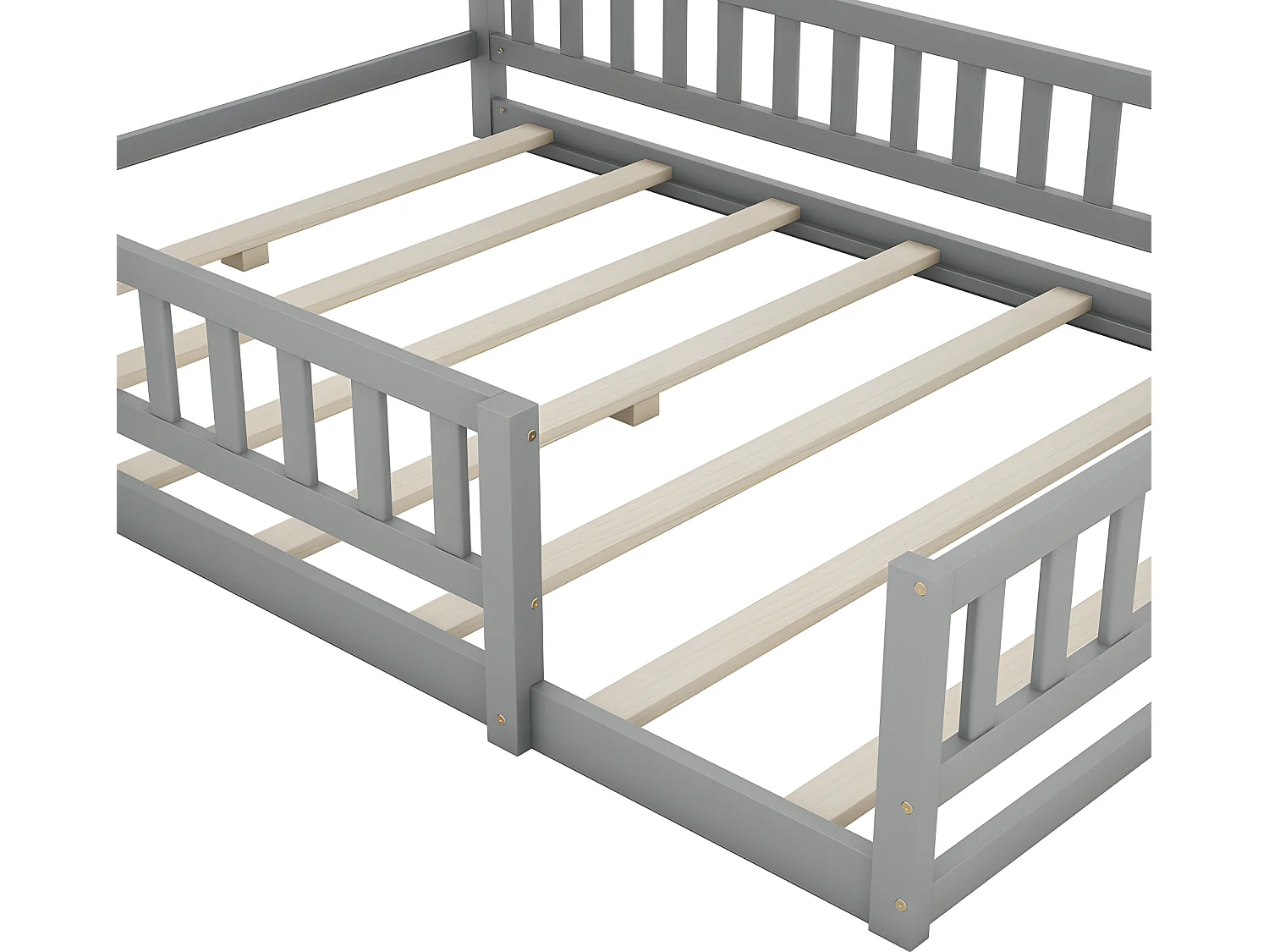Lit enfant cabane 140x200cm avec une table de chevet et barrières de sécurité - sommier à lattes - Gris