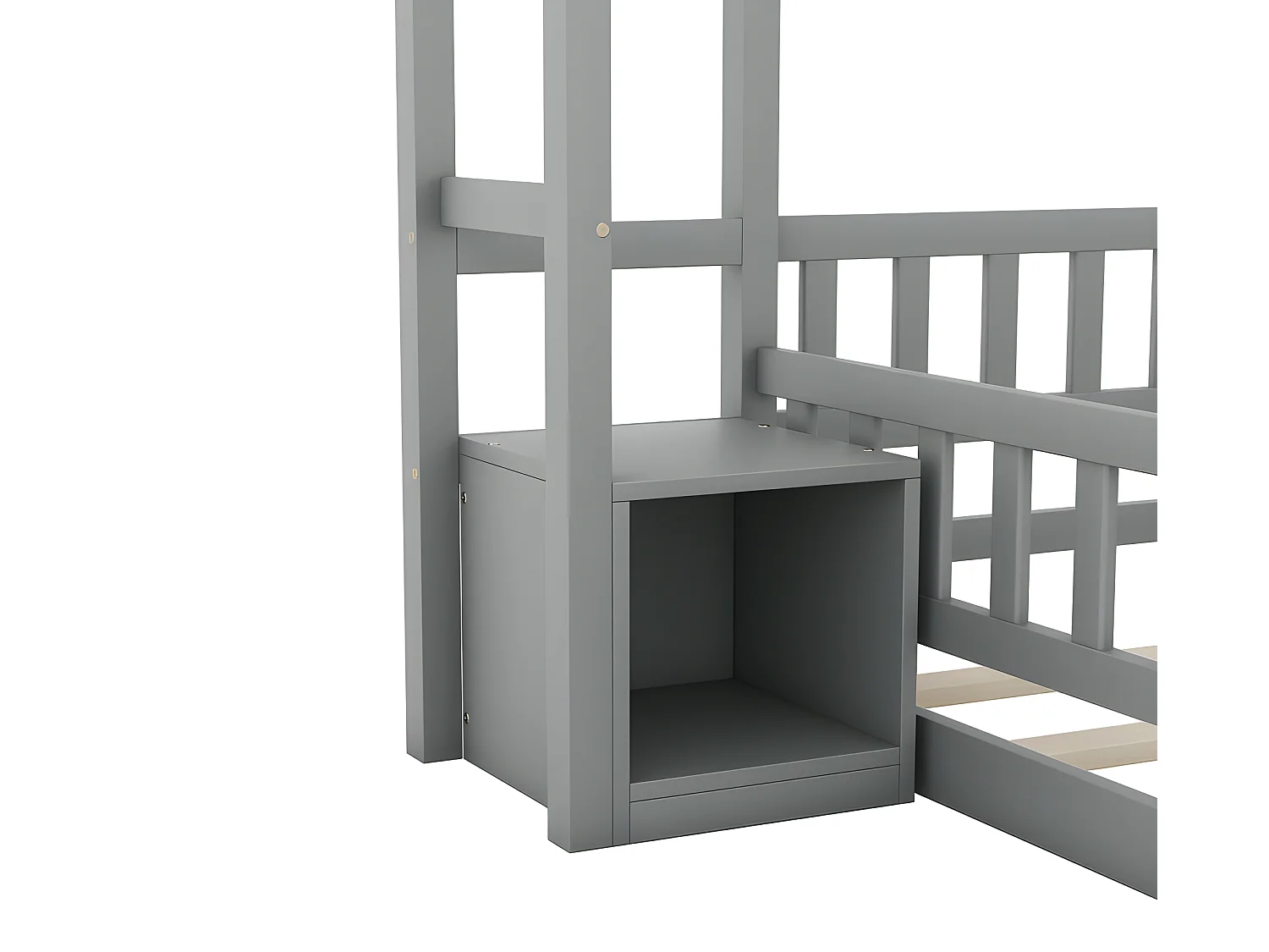 Lit enfant cabane 140x200cm avec une table de chevet et barrières de sécurité - sommier à lattes - Gris