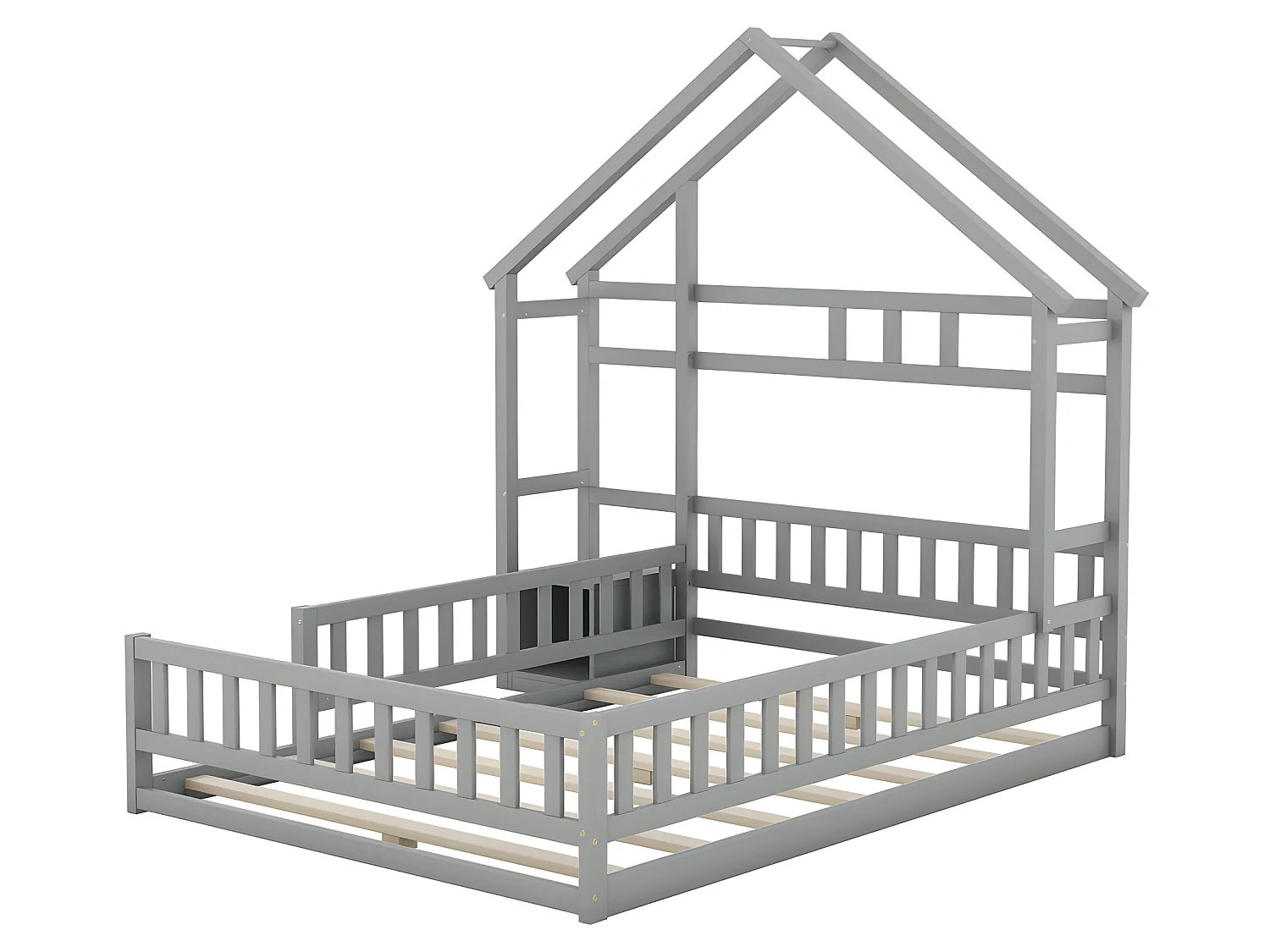 Lit enfant cabane 140x200cm avec une table de chevet et barrières de sécurité - sommier à lattes - Gris