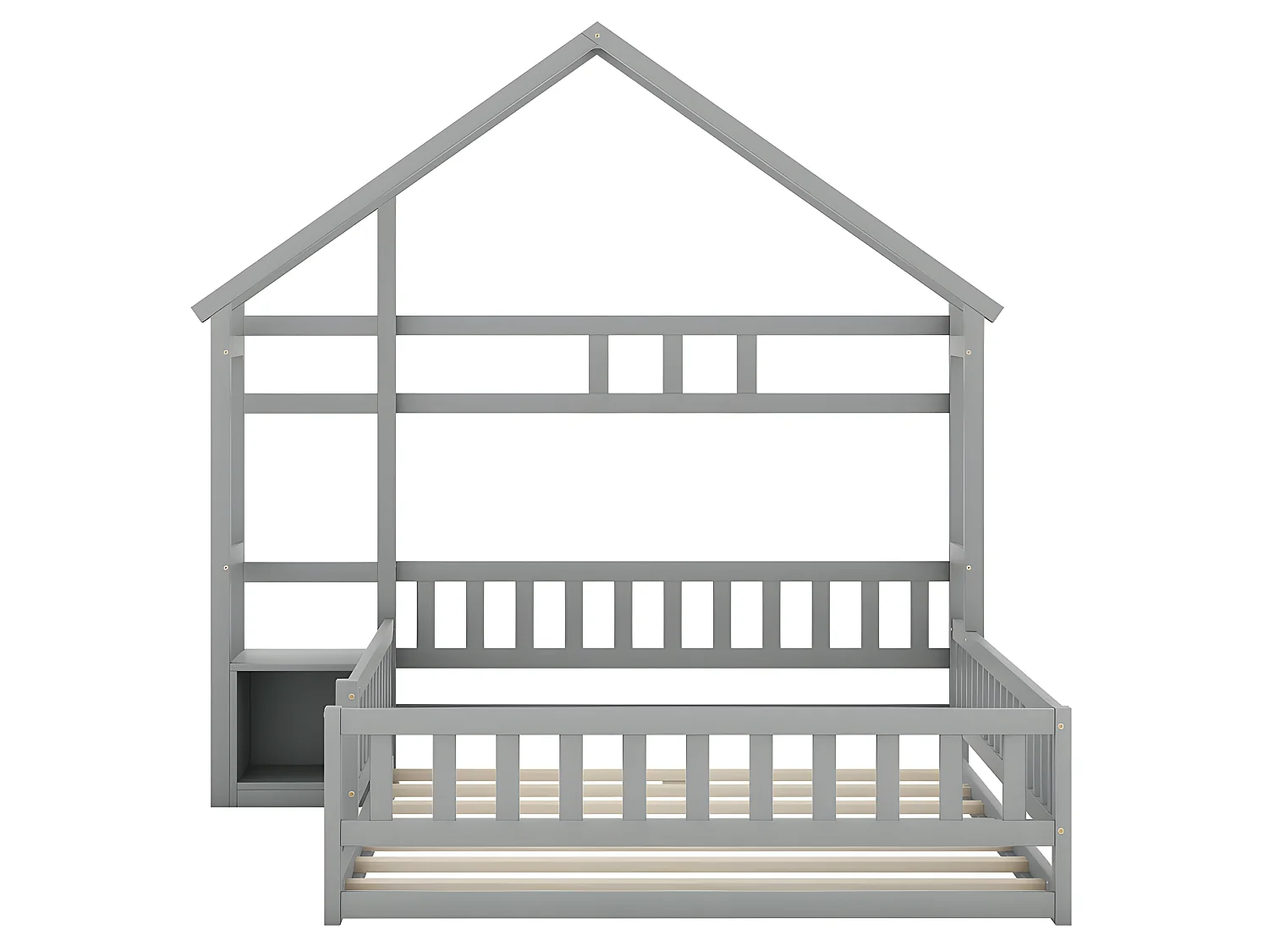 Lit enfant cabane 140x200cm avec une table de chevet et barrières de sécurité - sommier à lattes - Gris