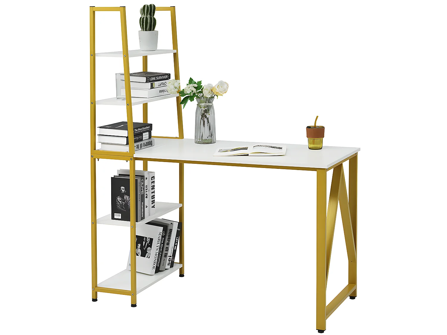 Bureau avec 4 étagères de rangement - Blanc & Doré