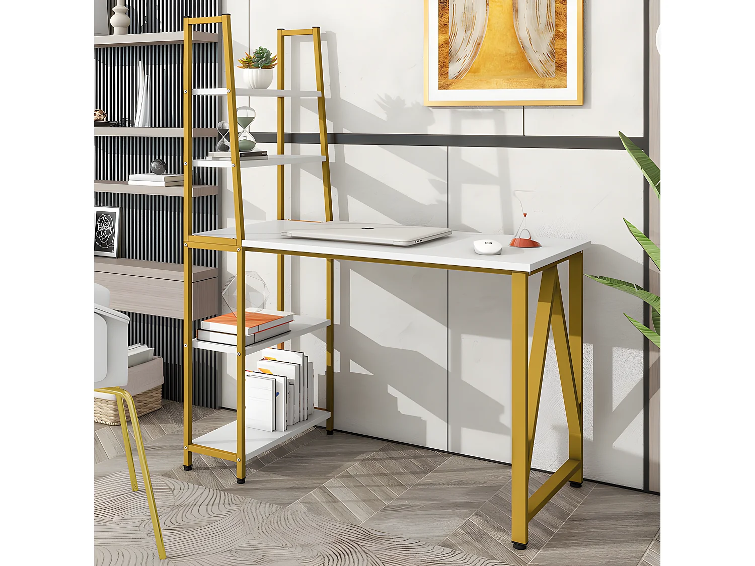 Bureau avec 4 étagères de rangement - Blanc & Doré