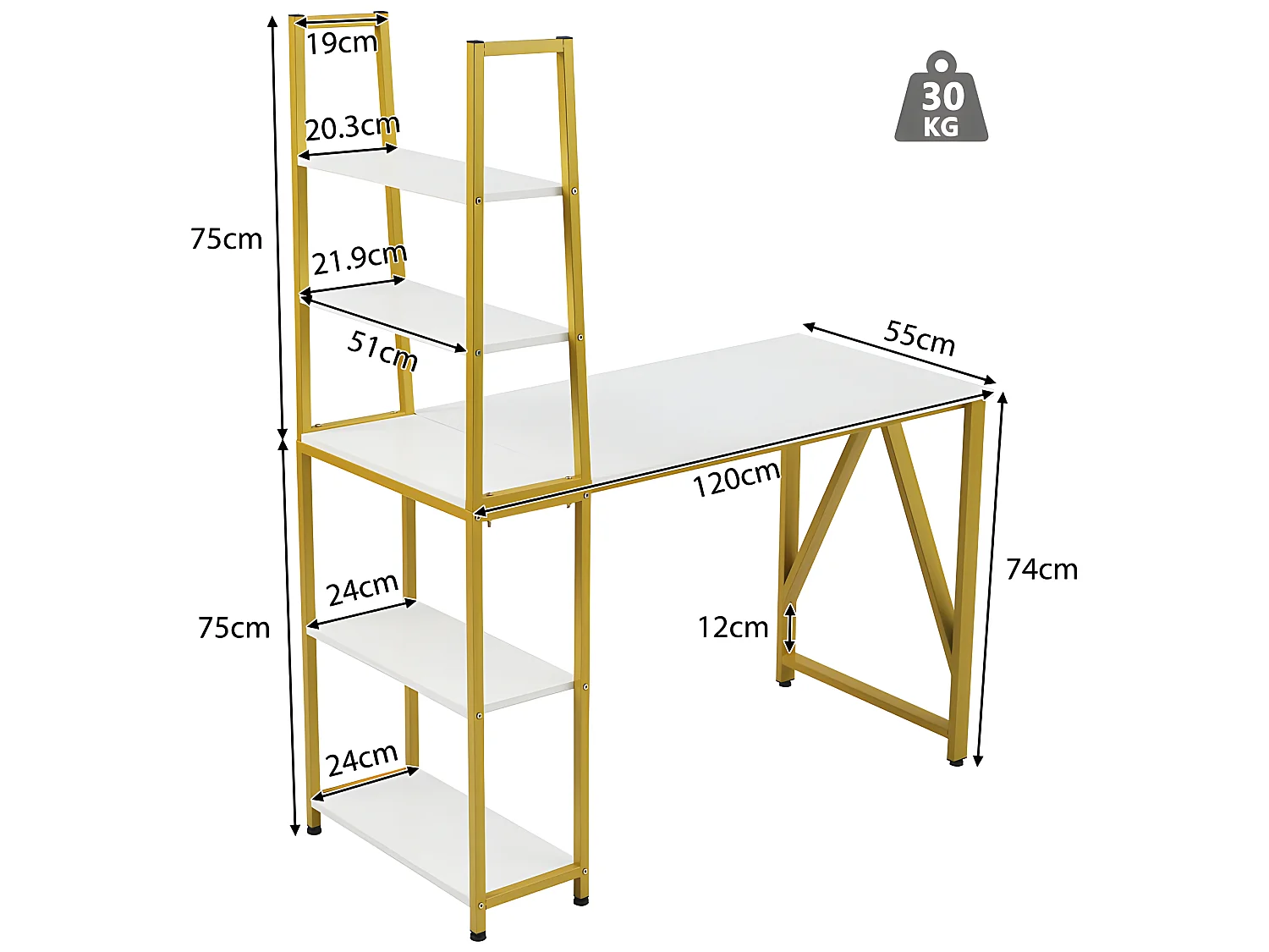 Bureau avec 4 étagères de rangement - Blanc & Doré
