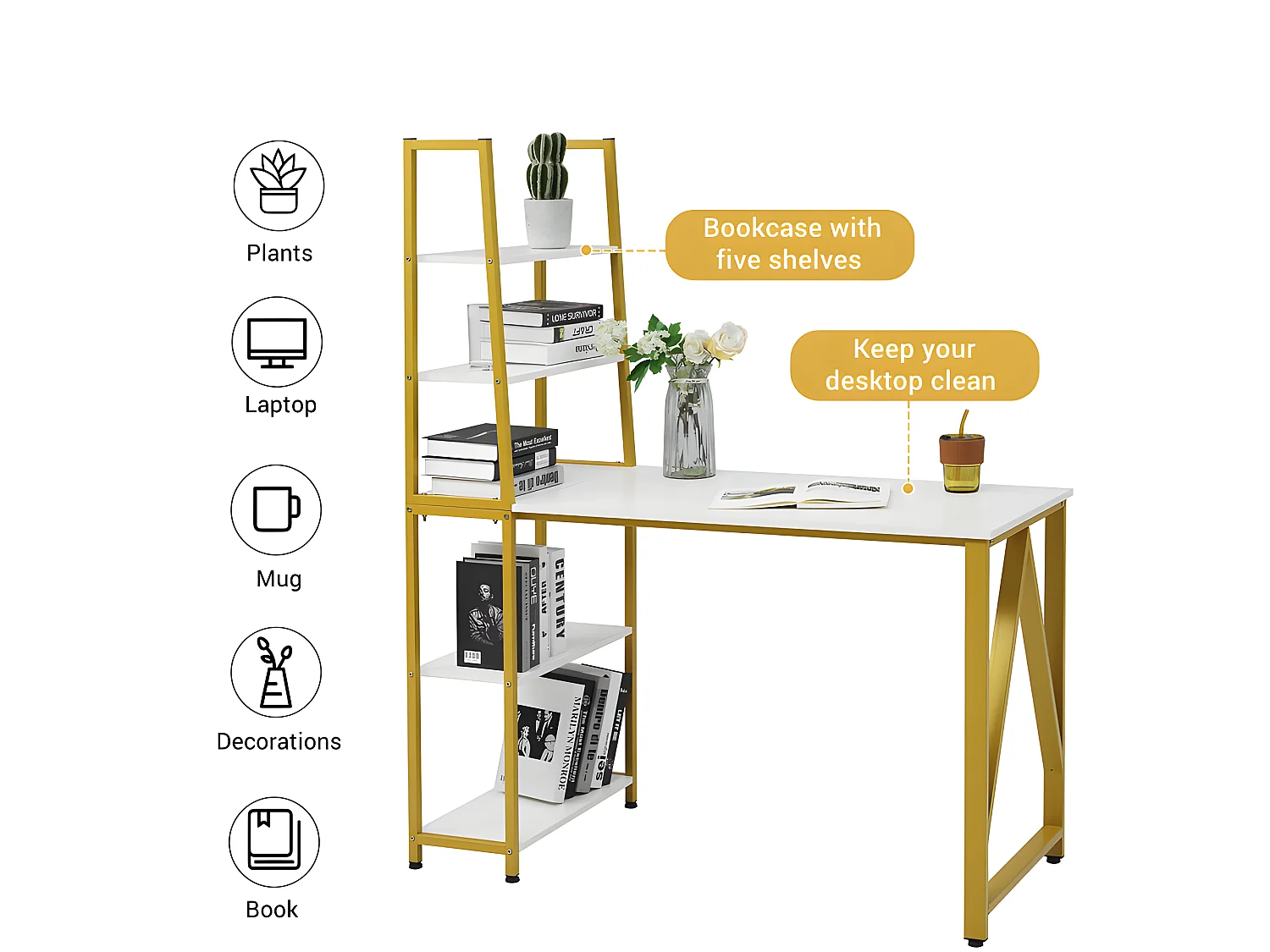 Bureau avec 4 étagères de rangement - Blanc & Doré