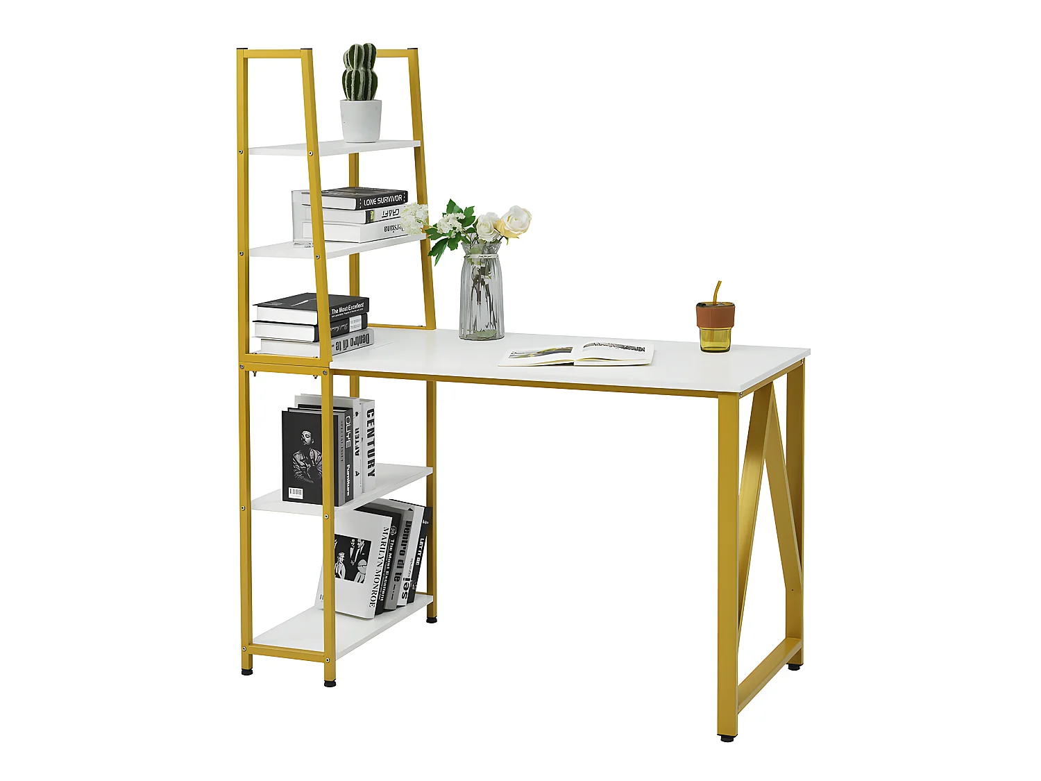 Bureau met 4 opbergplanken - Wit en Goud