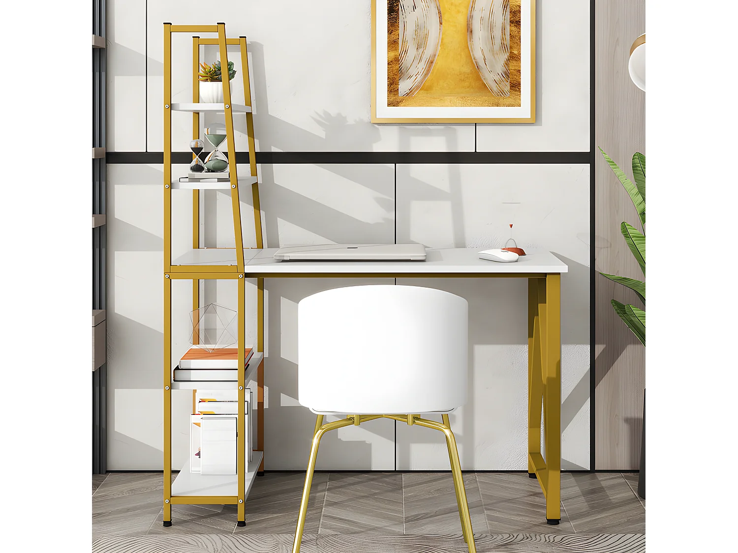 Bureau avec 4 étagères de rangement - Blanc & Doré