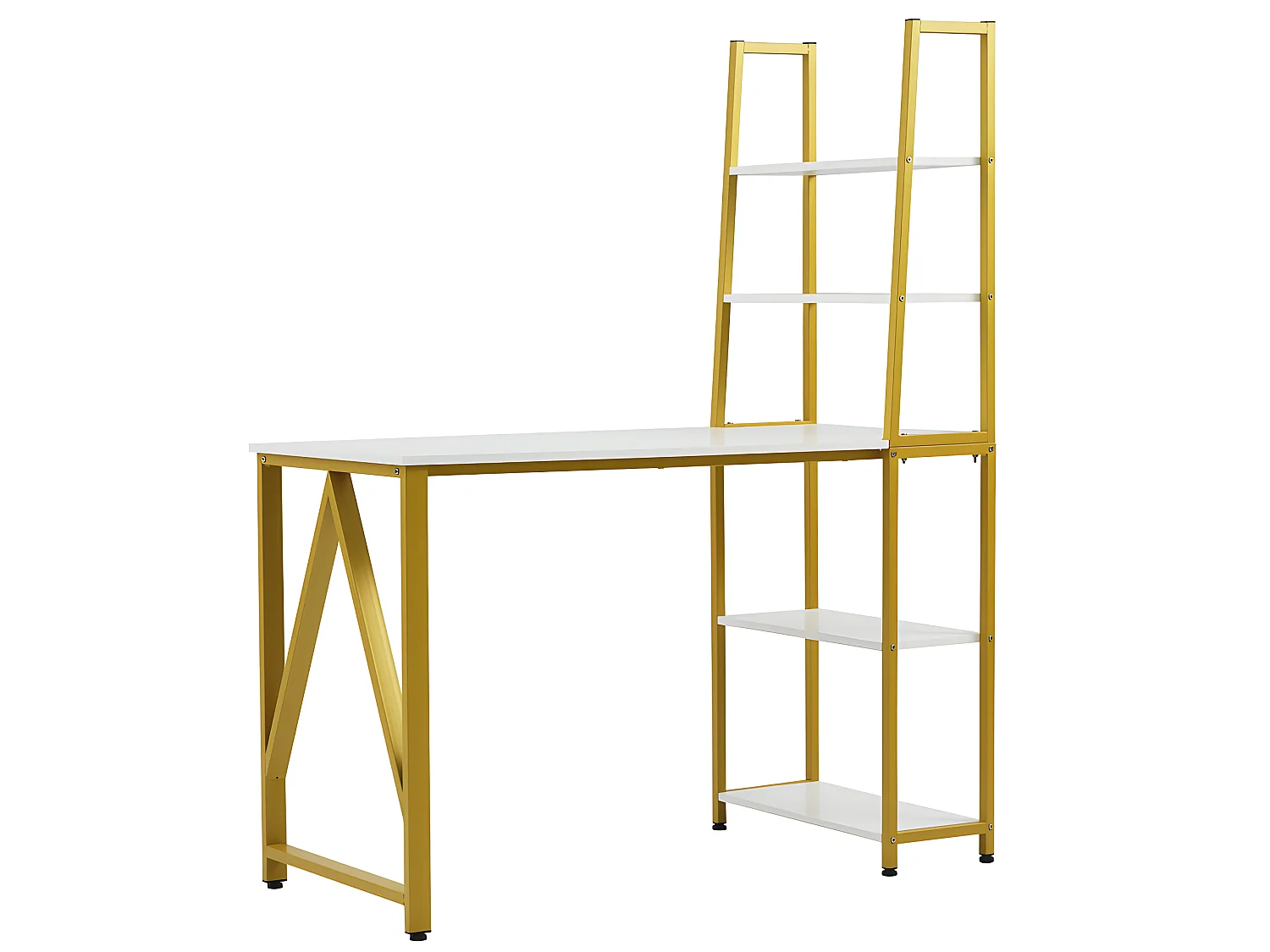 Bureau avec 4 étagères de rangement - Blanc & Doré