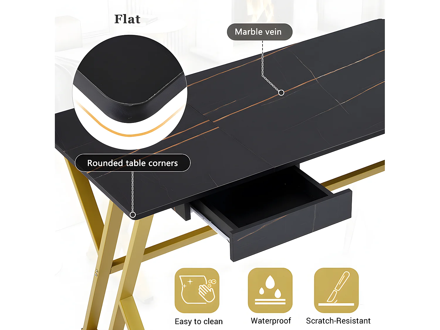 Multifunctioneel bureau met 2 lades - marmerpatroon fineer - Zwart & Goud