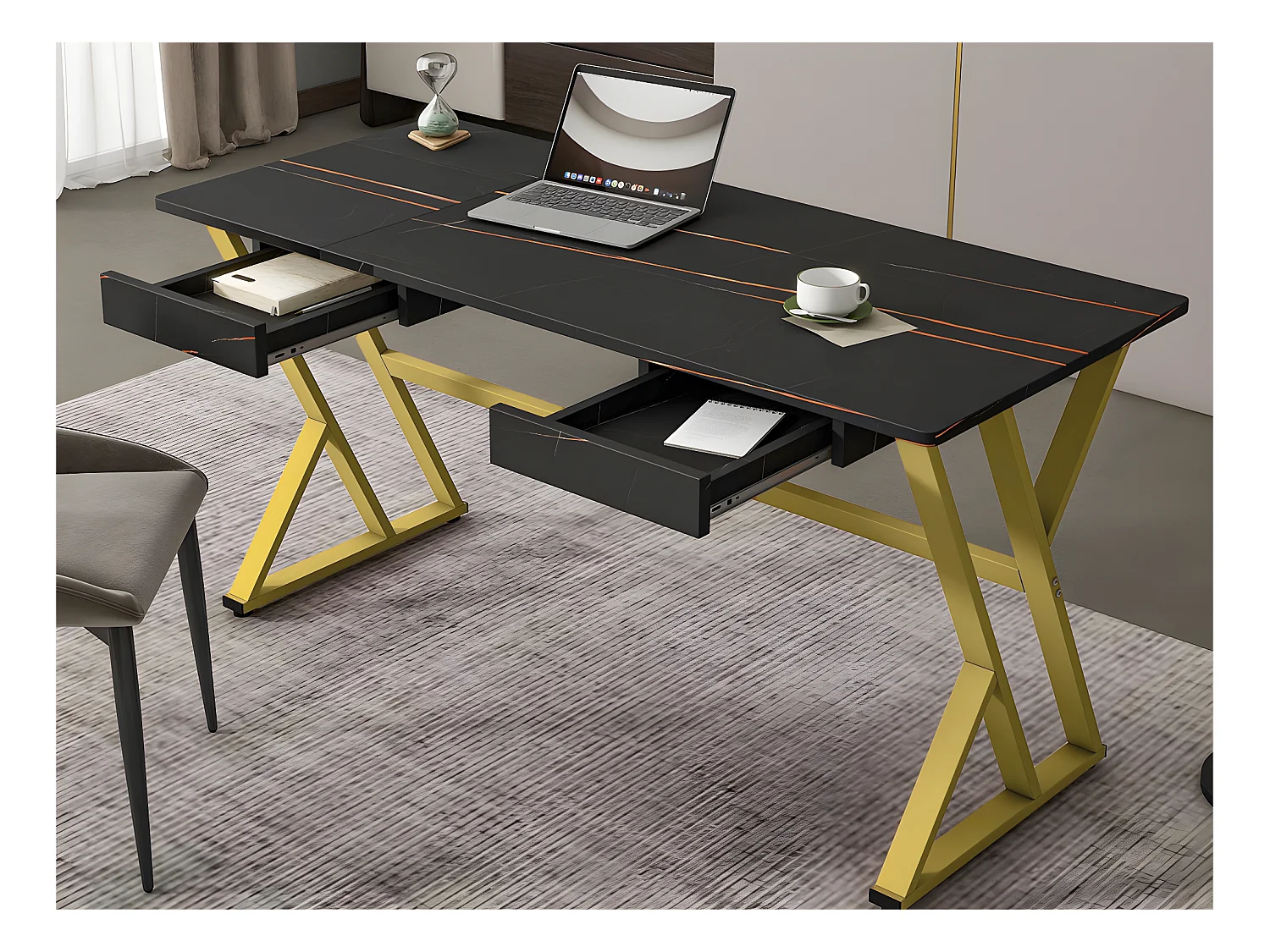 Multifunctioneel bureau met 2 lades - marmerpatroon fineer - Zwart & Goud