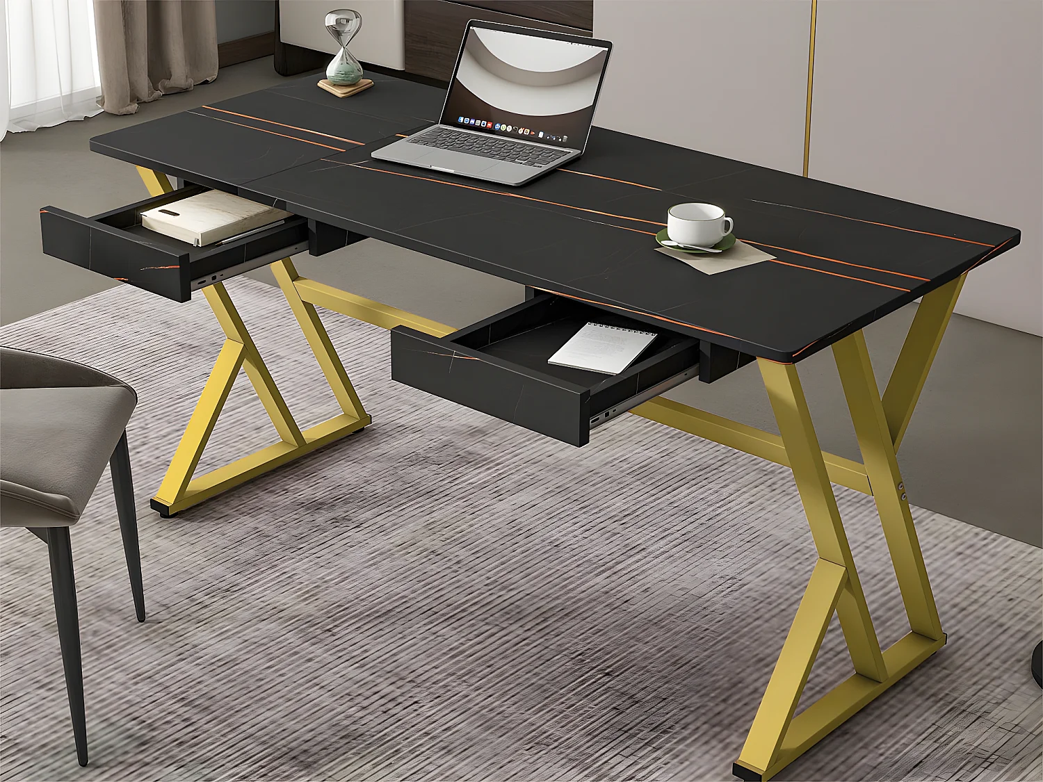 Multifunctioneel bureau met 2 lades - marmerpatroon fineer - Zwart & Goud