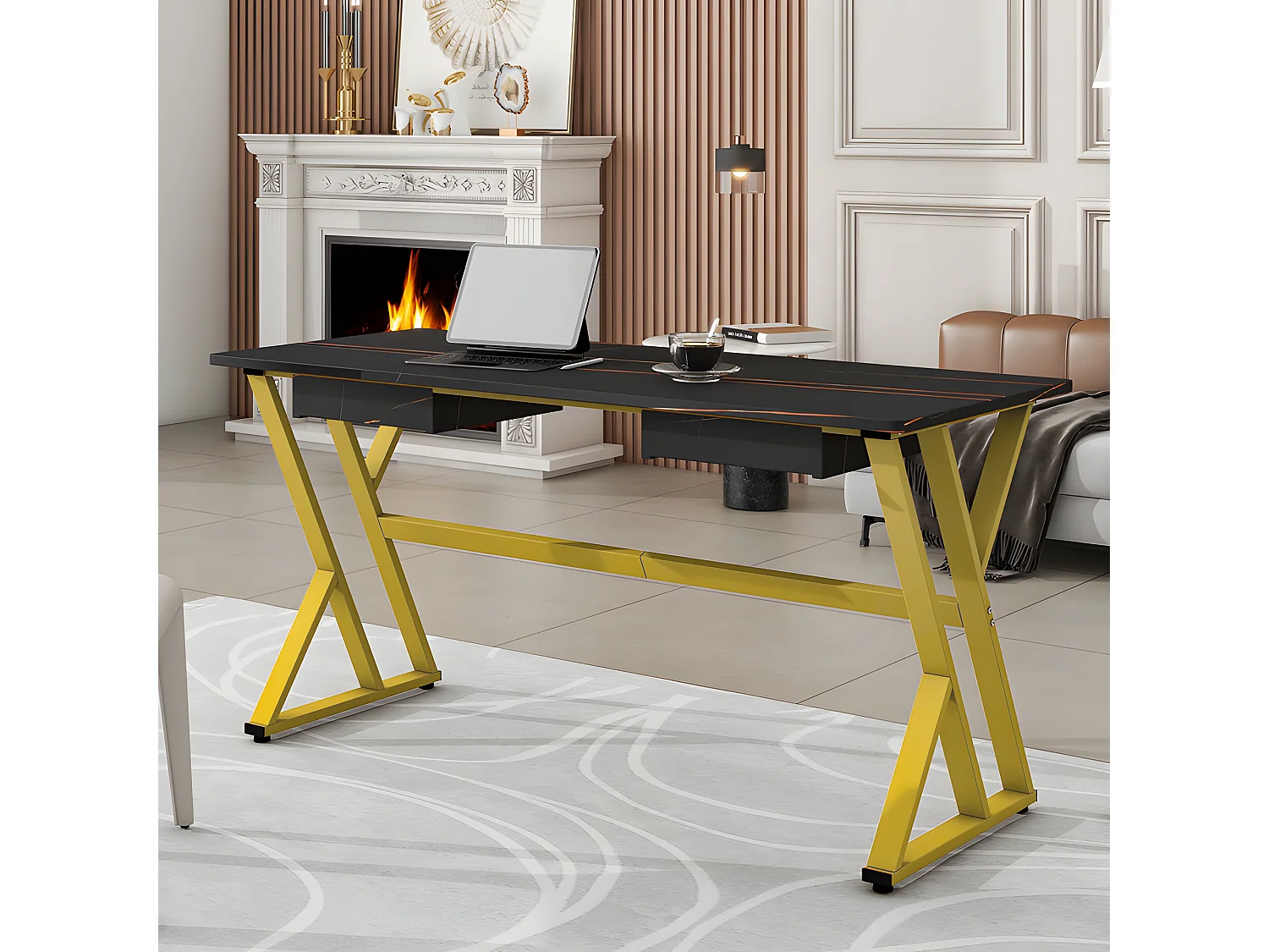 Multifunctioneel bureau met 2 lades - marmerpatroon fineer - Zwart & Goud