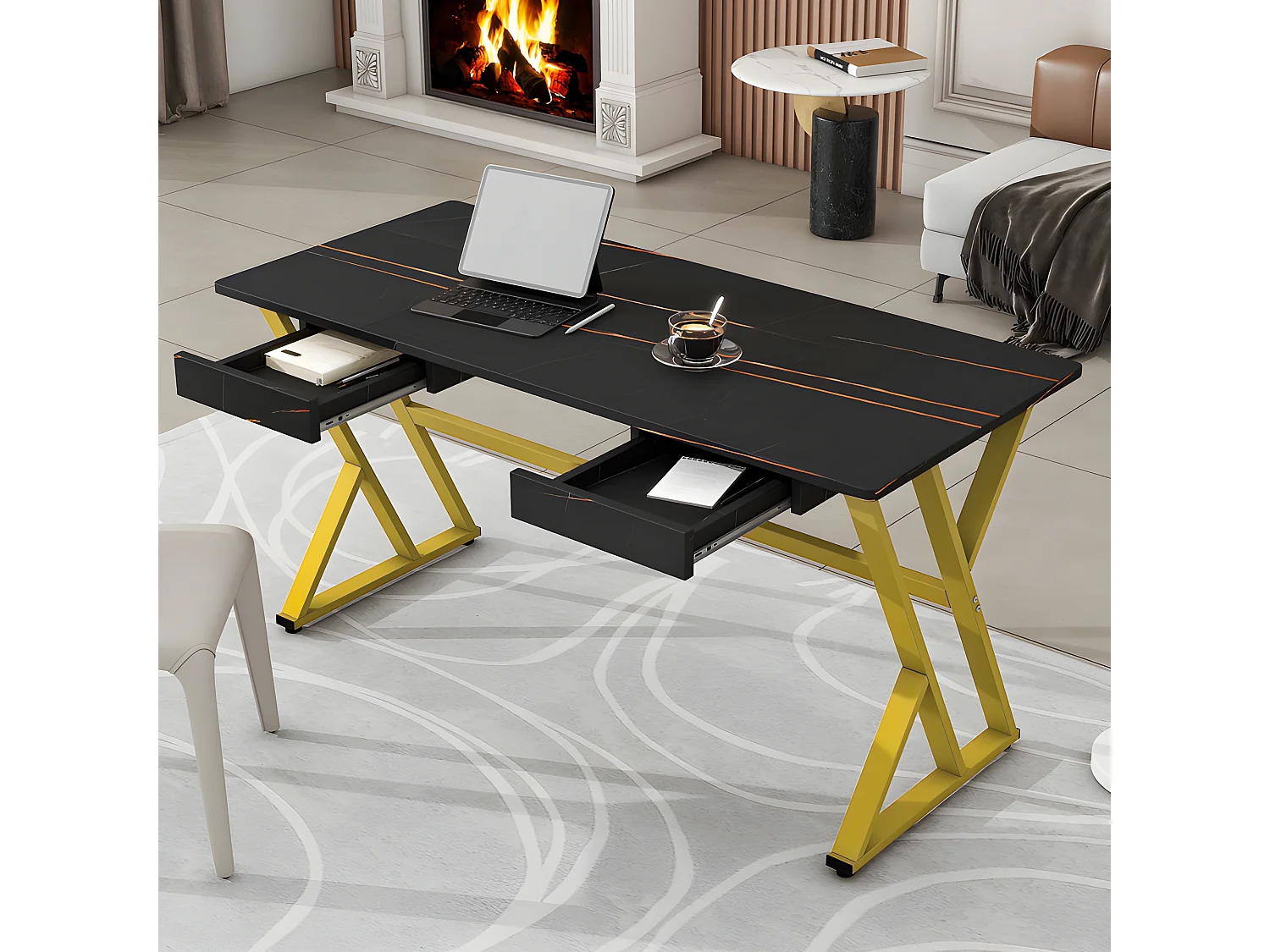 Multifunctioneel bureau met 2 lades - marmerpatroon fineer - Zwart & Goud